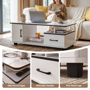 Artiss Coffee Table Marble Finish Center Table with Storage Drawer Cabinet Wood White