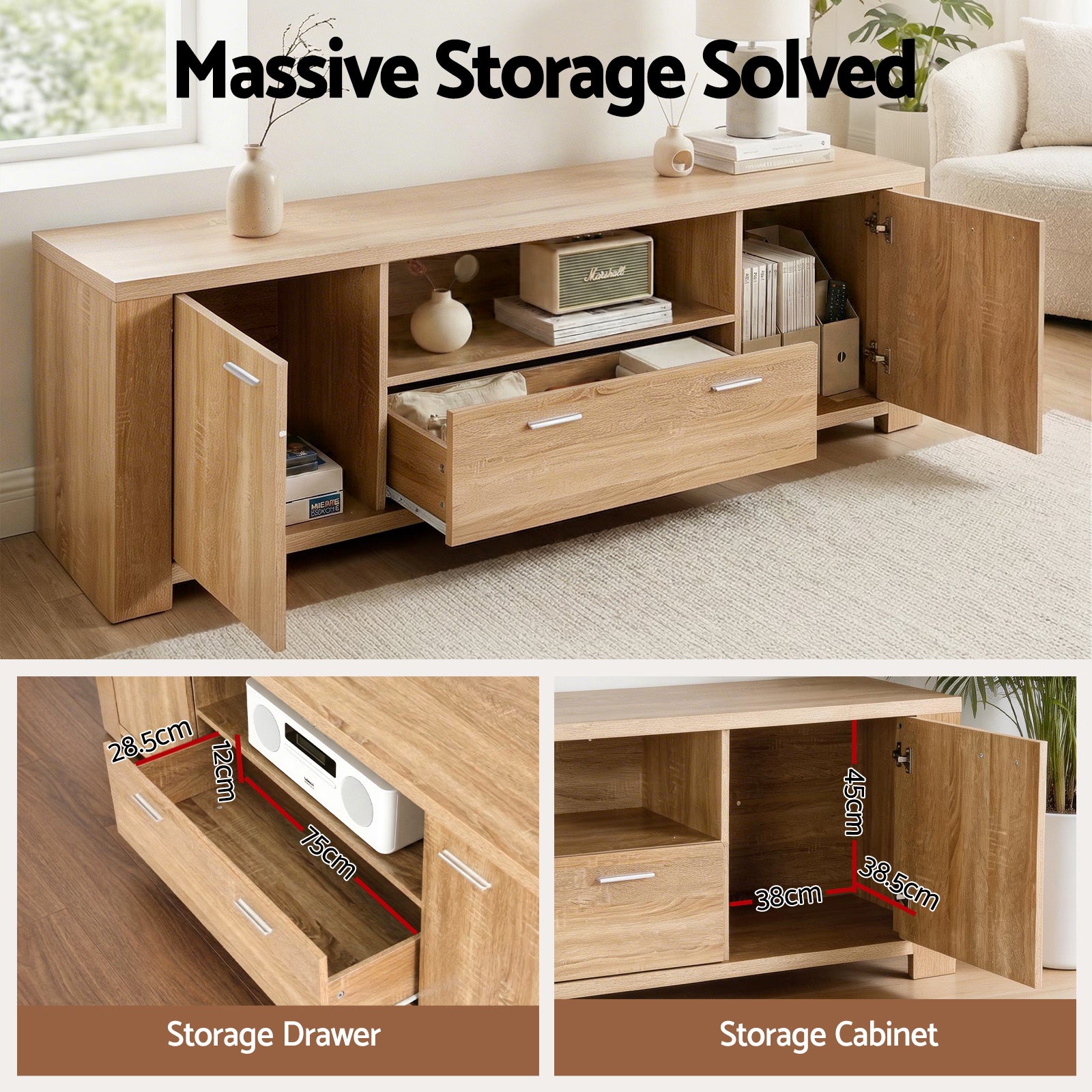 Artiss 180cm TV Unit Entertainment Unit Storage Drawer Cabinet Pine FUR-S-CT09-TV180-WD-AB