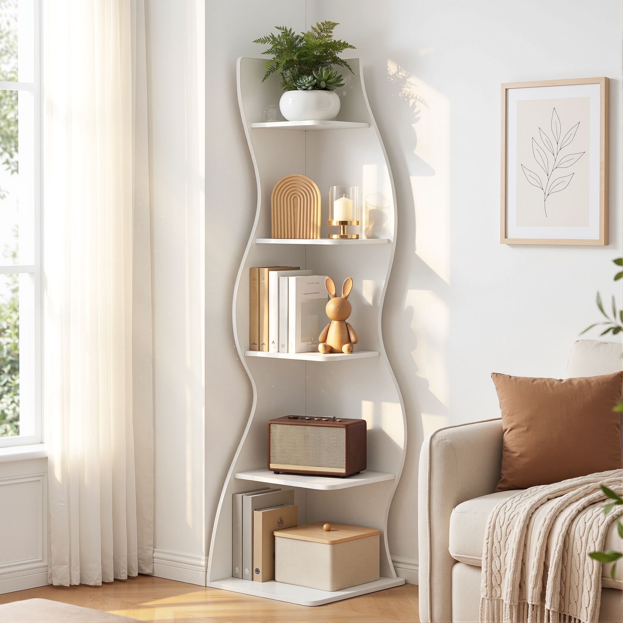 Artiss 5-Tier Bookshelf Corner Shelf S-shaped Storage Rack White FUR-S-DS-5T-WH