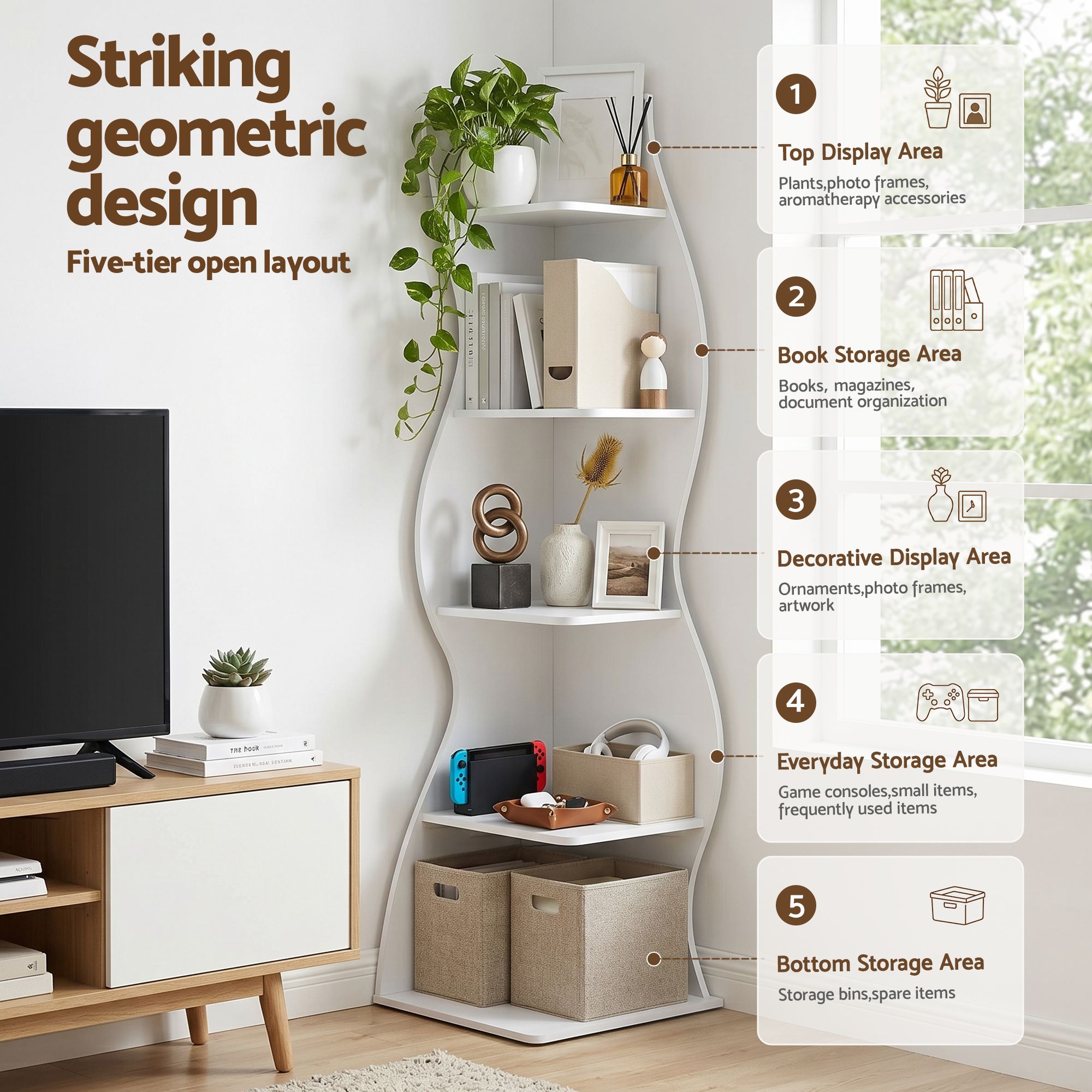 Artiss 5-Tier Bookshelf Corner Shelf S-shaped Storage Rack White FUR-S-DS-5T-WH