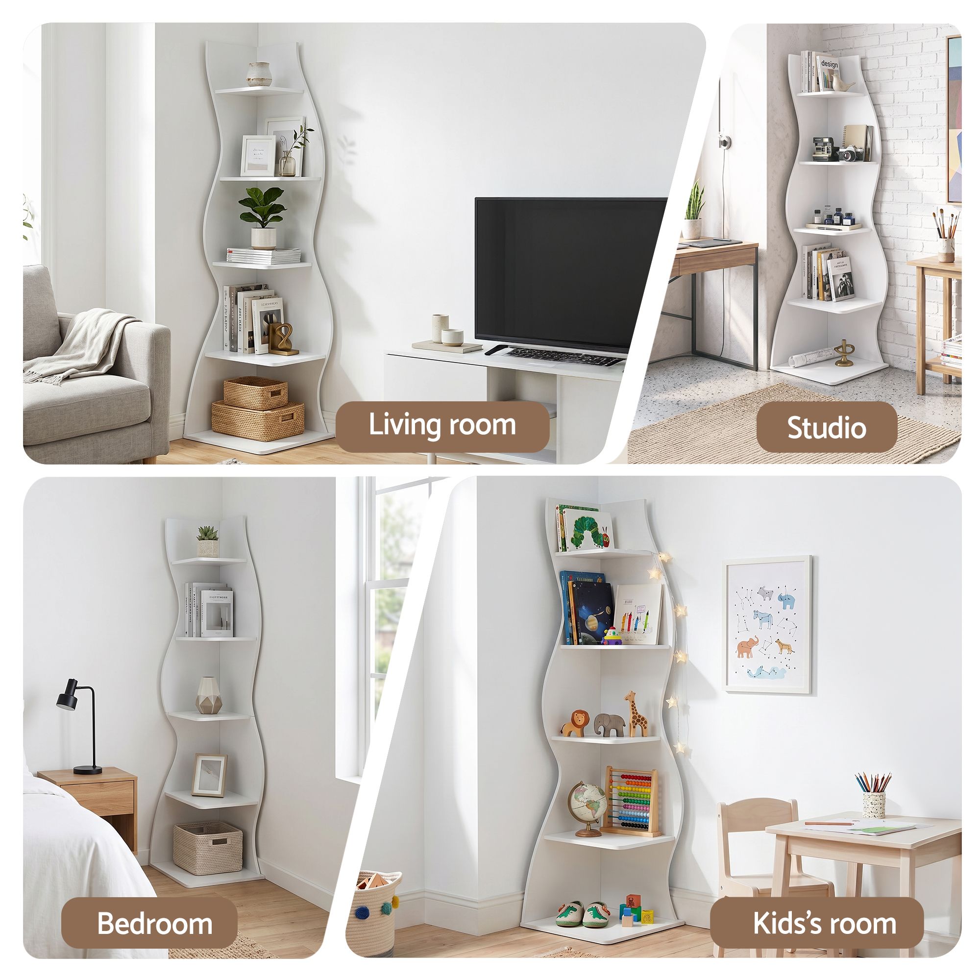 Artiss 5-Tier Bookshelf Corner Shelf S-shaped Storage Rack White FUR-S-DS-5T-WH