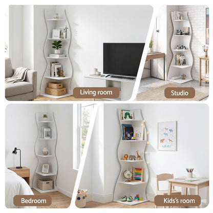 Artiss 5-Tier Bookshelf Corner Shelf S-shaped Storage Rack White FUR-S-DS-5T-WH