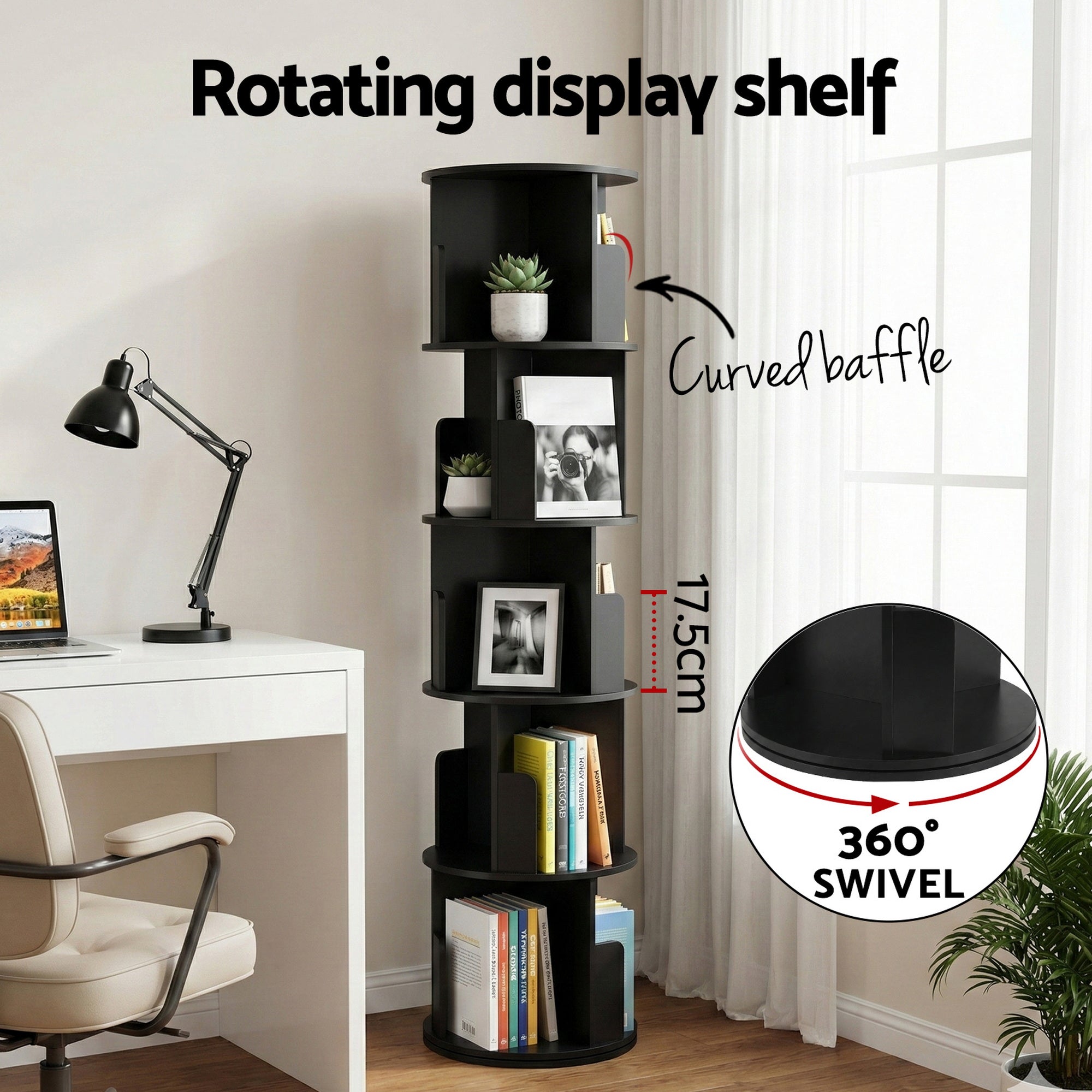 Artiss 5 Tiers Bookshelf Swivel Bookcase Display Shelves Stand Round Black FUR-S-DS-5TR-BK