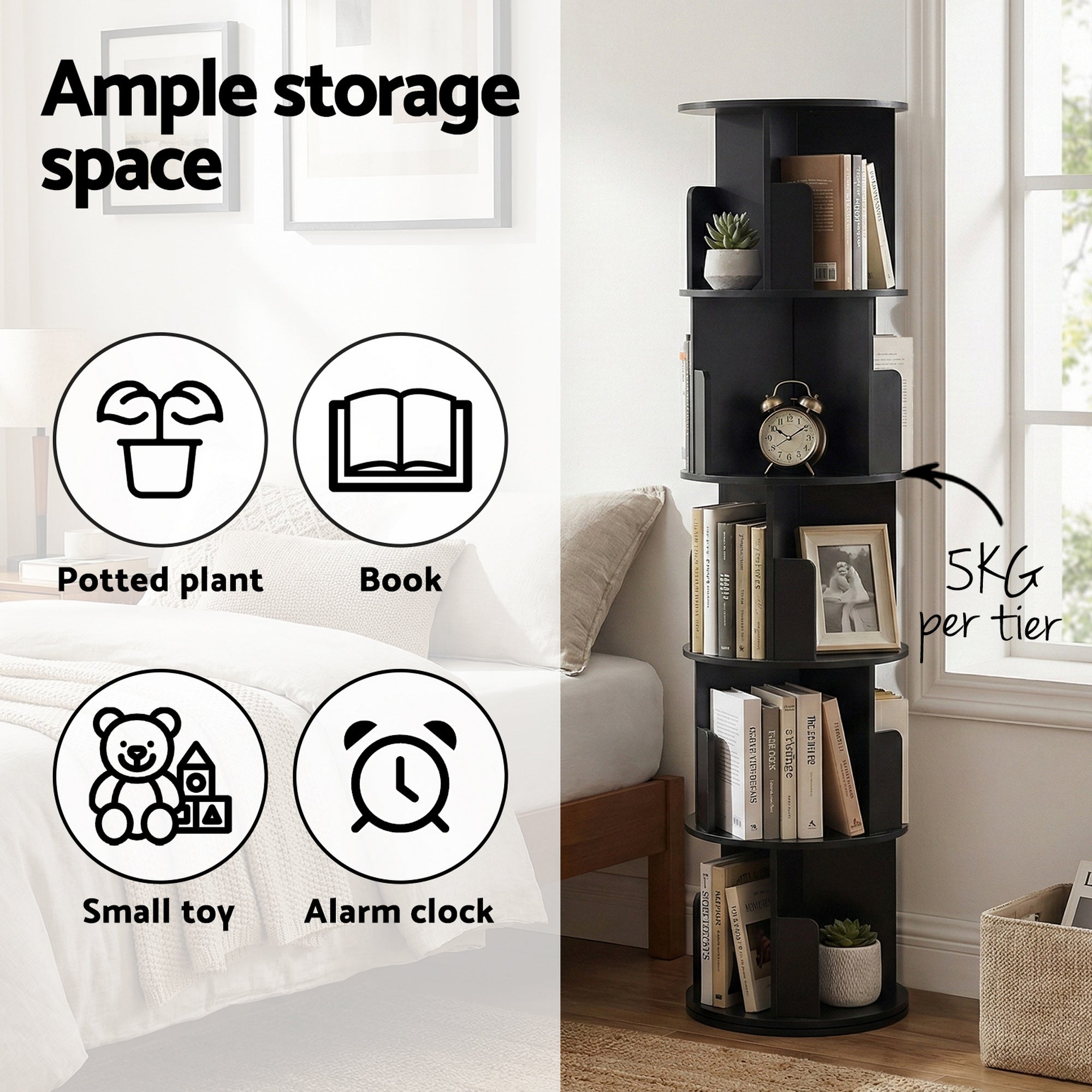 Artiss 5 Tiers Bookshelf Swivel Bookcase Display Shelves Stand Round Black FUR-S-DS-5TR-BK