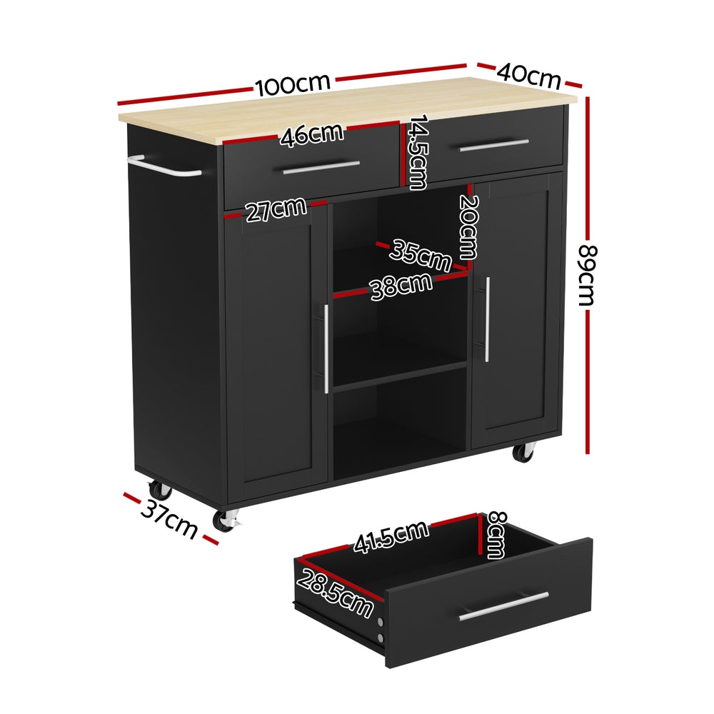Artiss Kitchen Island Trolley Rolling Serving Cart Storage Drawer Cabinet 100cm Black FUR-S-KI-100-BK-AB