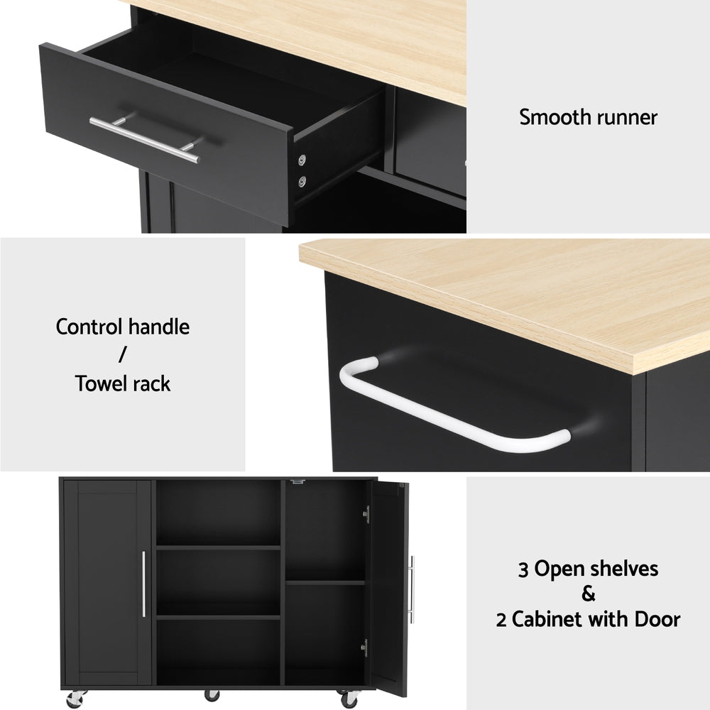Artiss Kitchen Island Trolley Rolling Serving Cart Storage Drawer Cabinet 100cm Black FUR-S-KI-100-BK-AB