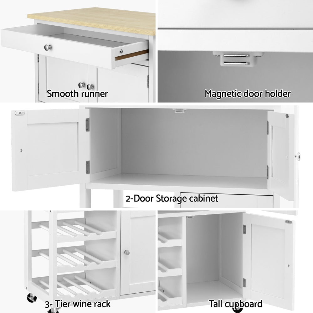Artiss Kitchen Island Trolley Rolling Serving Cart Storage Cart Drawer Cupboard FUR-S-KI-67-WH