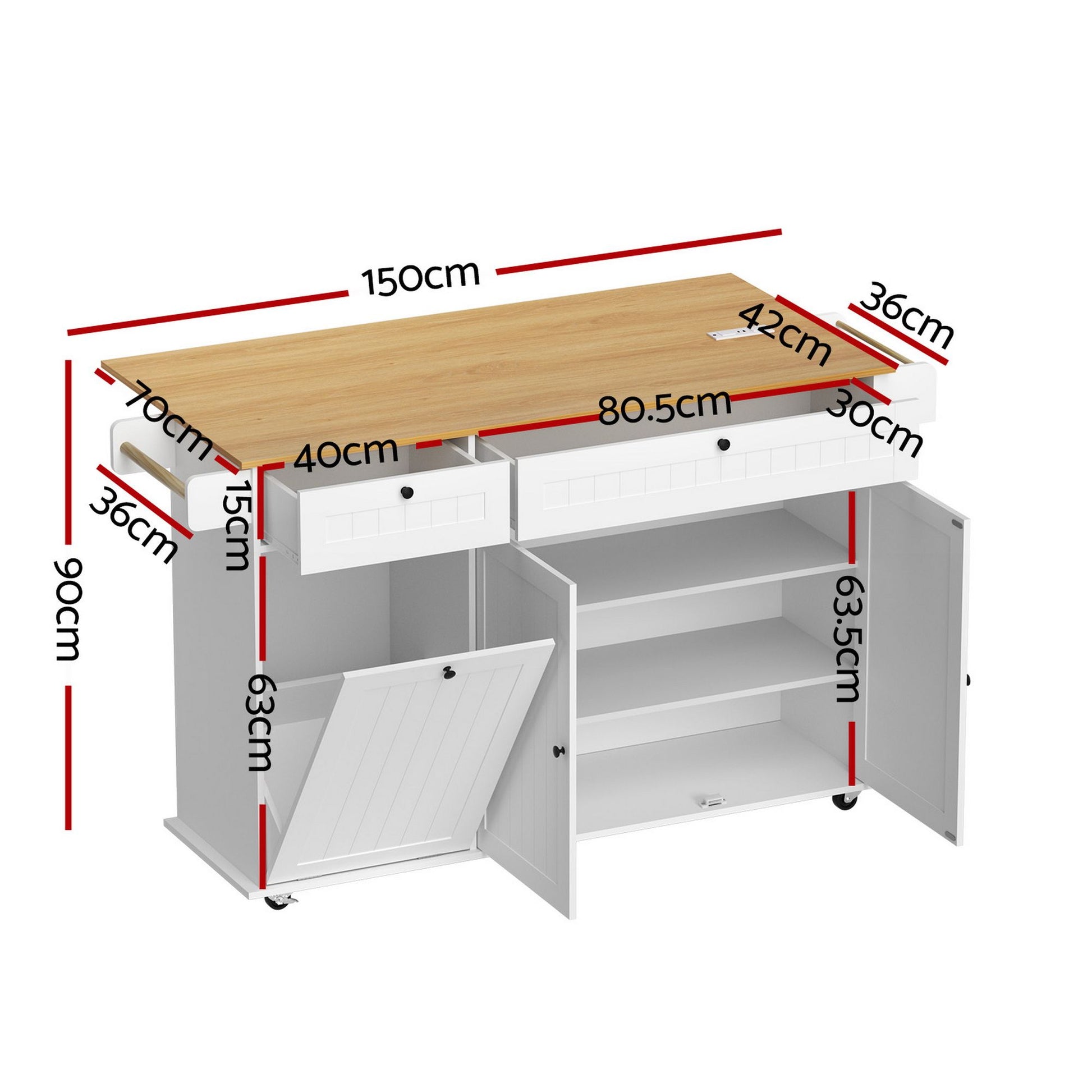 Artiss Kitchen Island Trolley Rolling Serving Cart Storage Drawer Cabinet 150cm White FUR-S-KI-FLD130-WH-AB