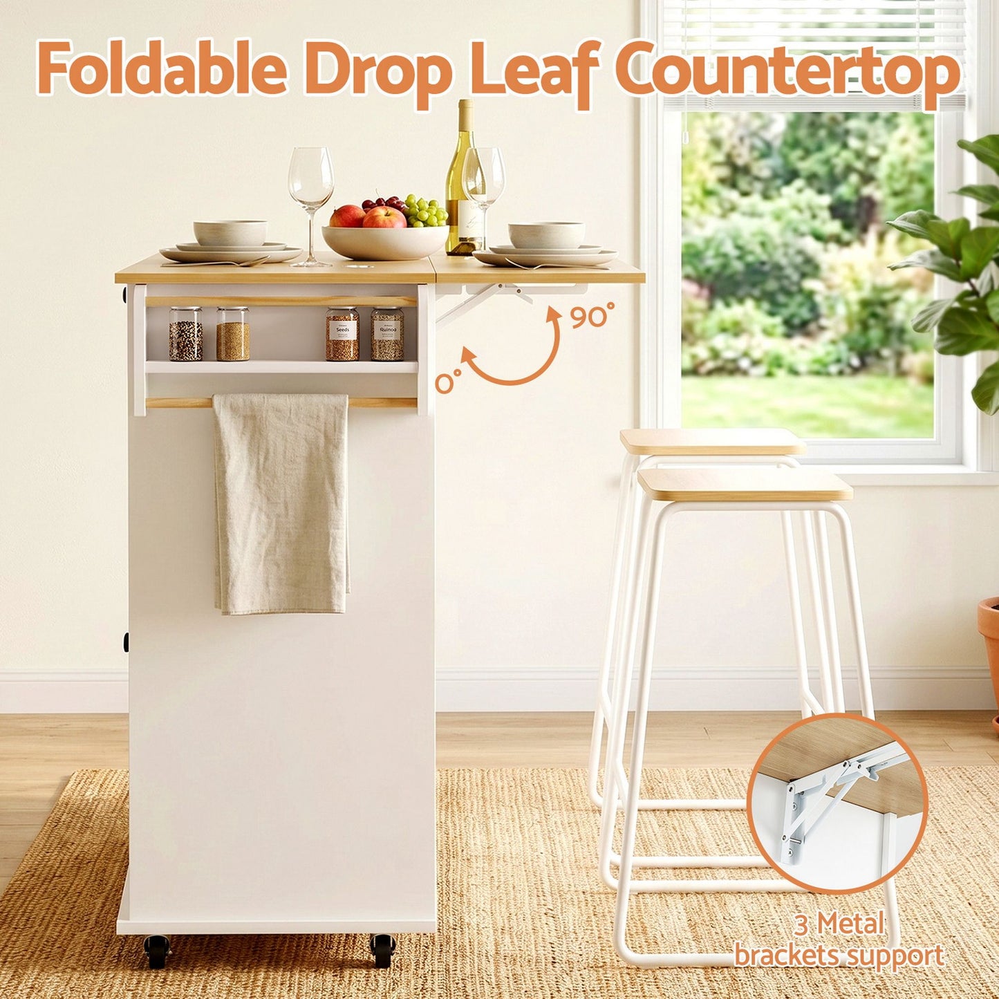 Artiss Kitchen Island Trolley Rolling Serving Cart Storage Drawer Cabinet 150cm White FUR-S-KI-FLD130-WH-AB