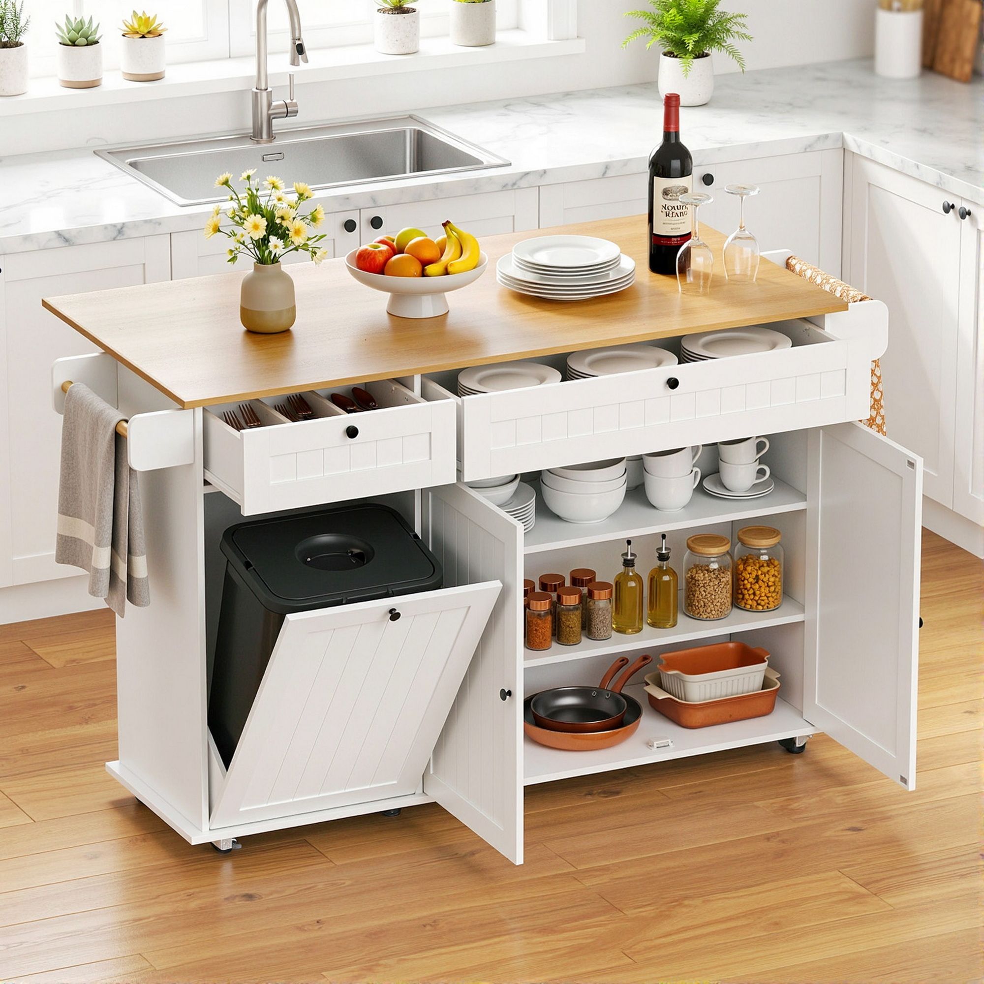 Artiss Kitchen Island Trolley Rolling Serving Cart Storage Drawer Cabinet 150cm White