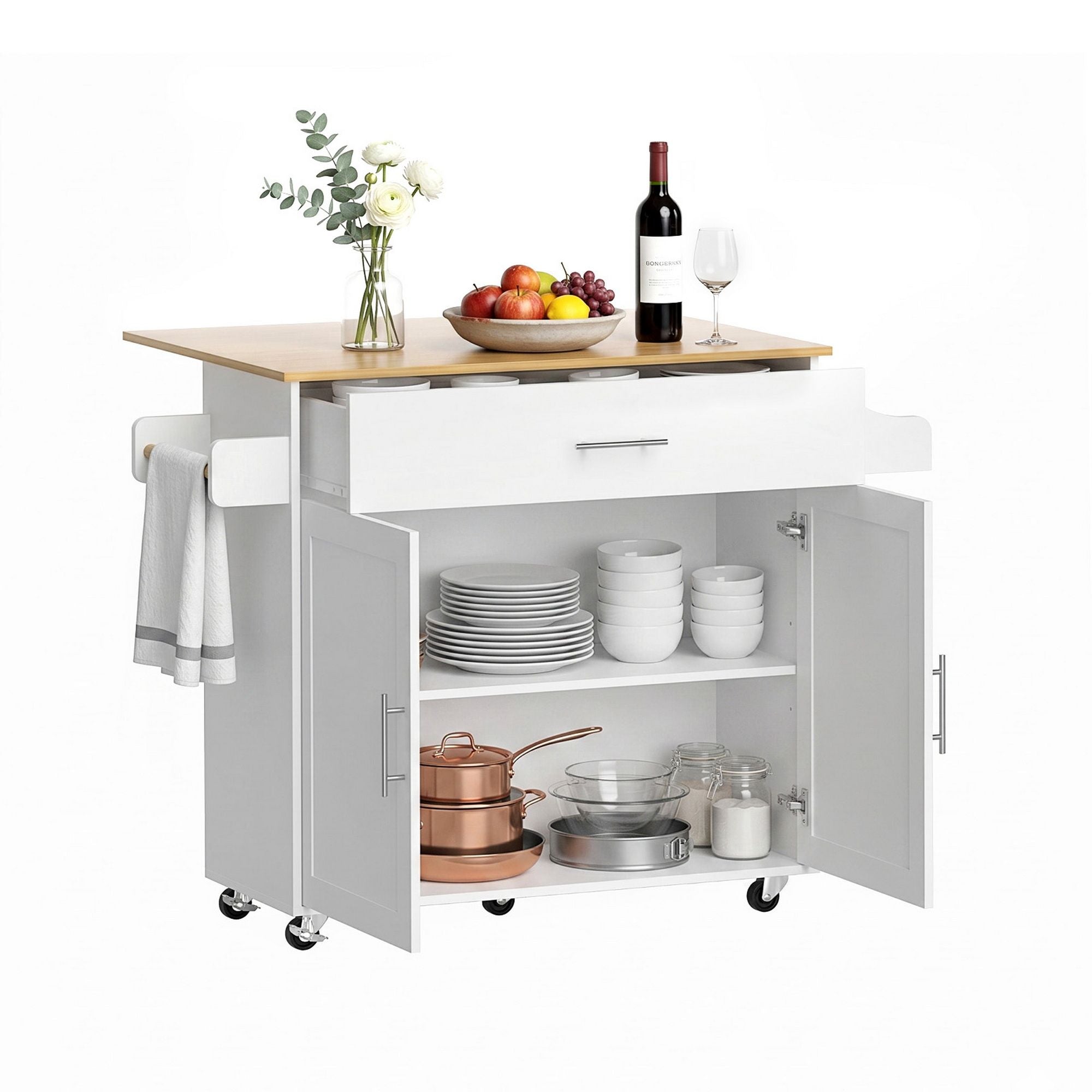 Artiss Kitchen Island Trolley Rolling Serving Cart Storage Drawer Cabinet 90cm White