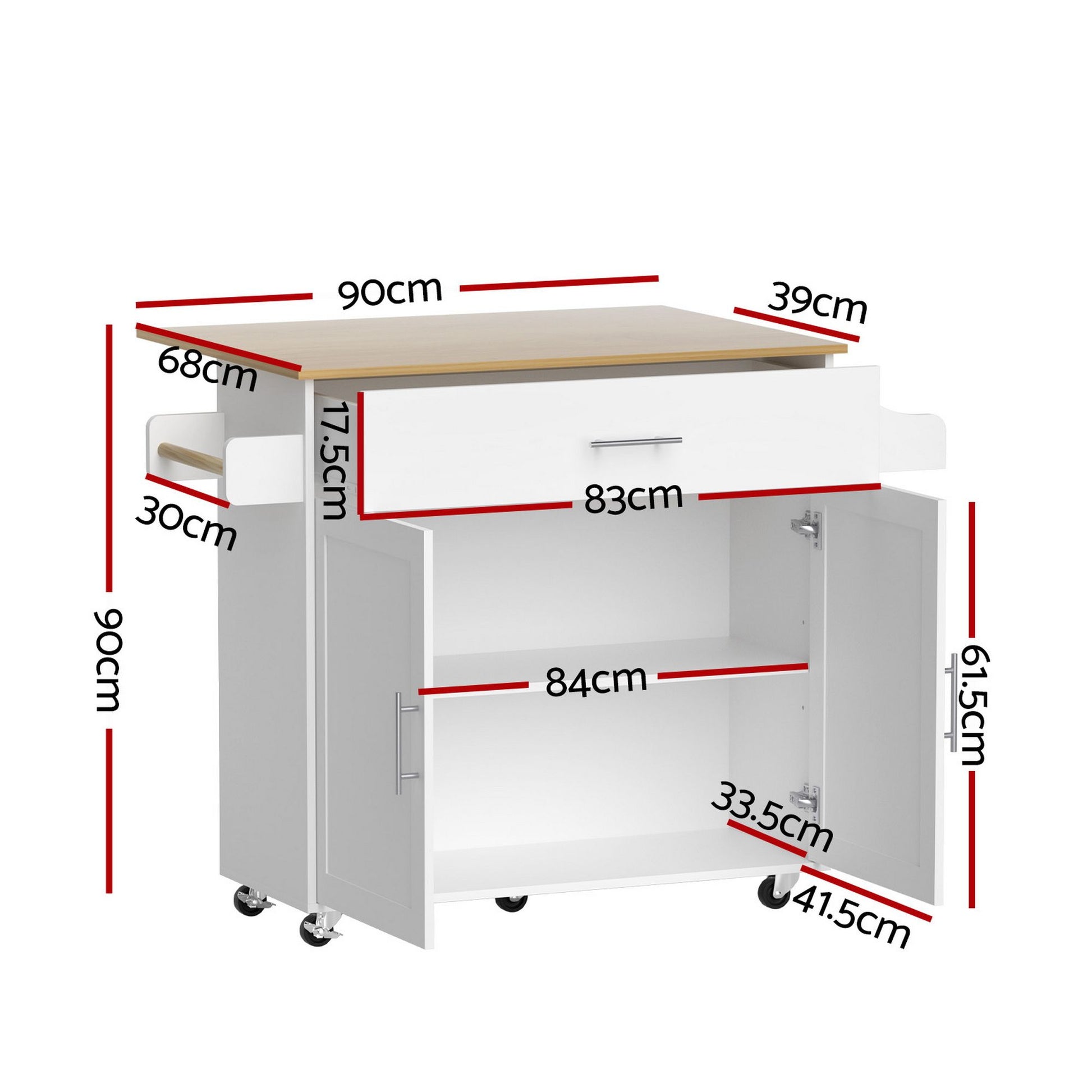 Artiss Kitchen Island Trolley Rolling Serving Cart Storage Drawer Cabinet 90cm White FUR-S-KI-FLD90-WH-AB