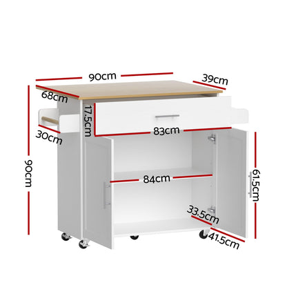 Artiss Kitchen Island Trolley Rolling Serving Cart Storage Drawer Cabinet 90cm White FUR-S-KI-FLD90-WH-AB