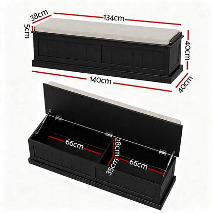 Artiss Storage Ottoman Blanket Box 140cm Fluted Black FUR-S-OTM-RTA-03-PB-BK