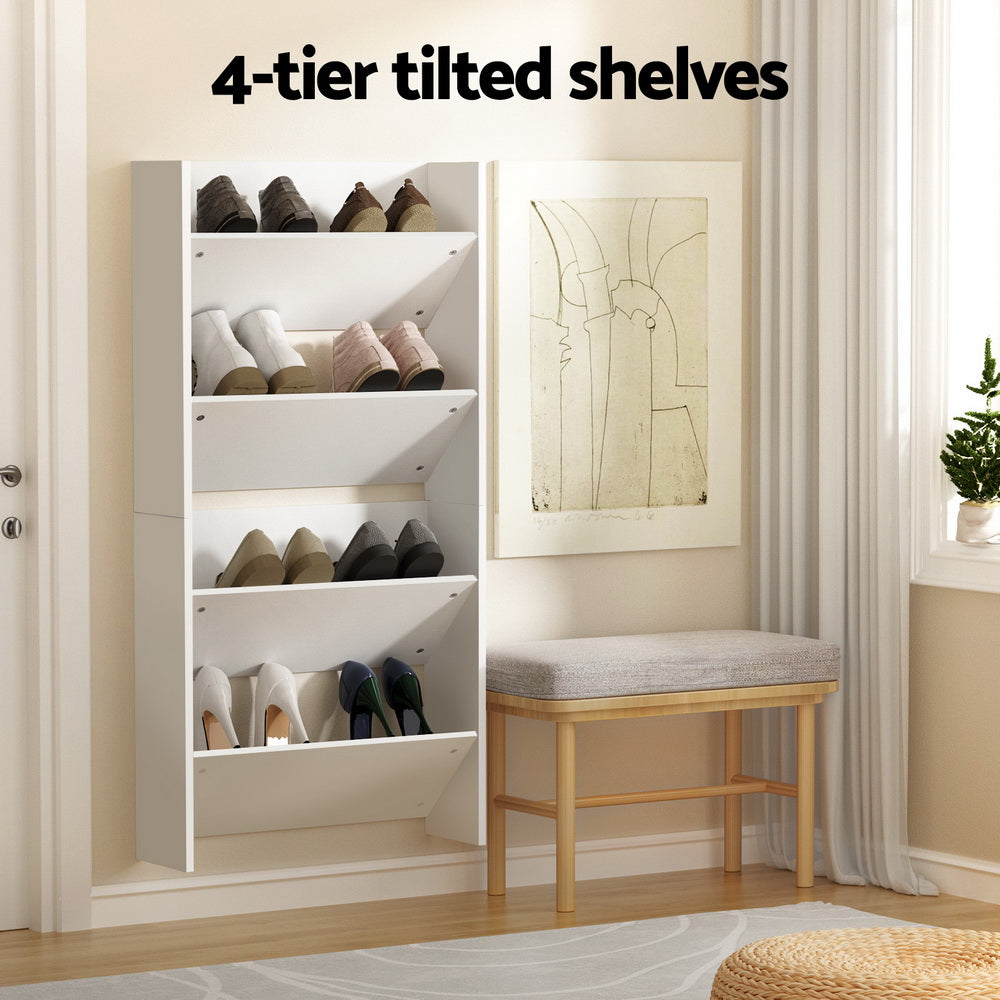 Artiss Shoe Rack 2-tier 12 Pairs Wall Mounted x2 - White FUR-S-SHOE-2T-FL01-WHX2