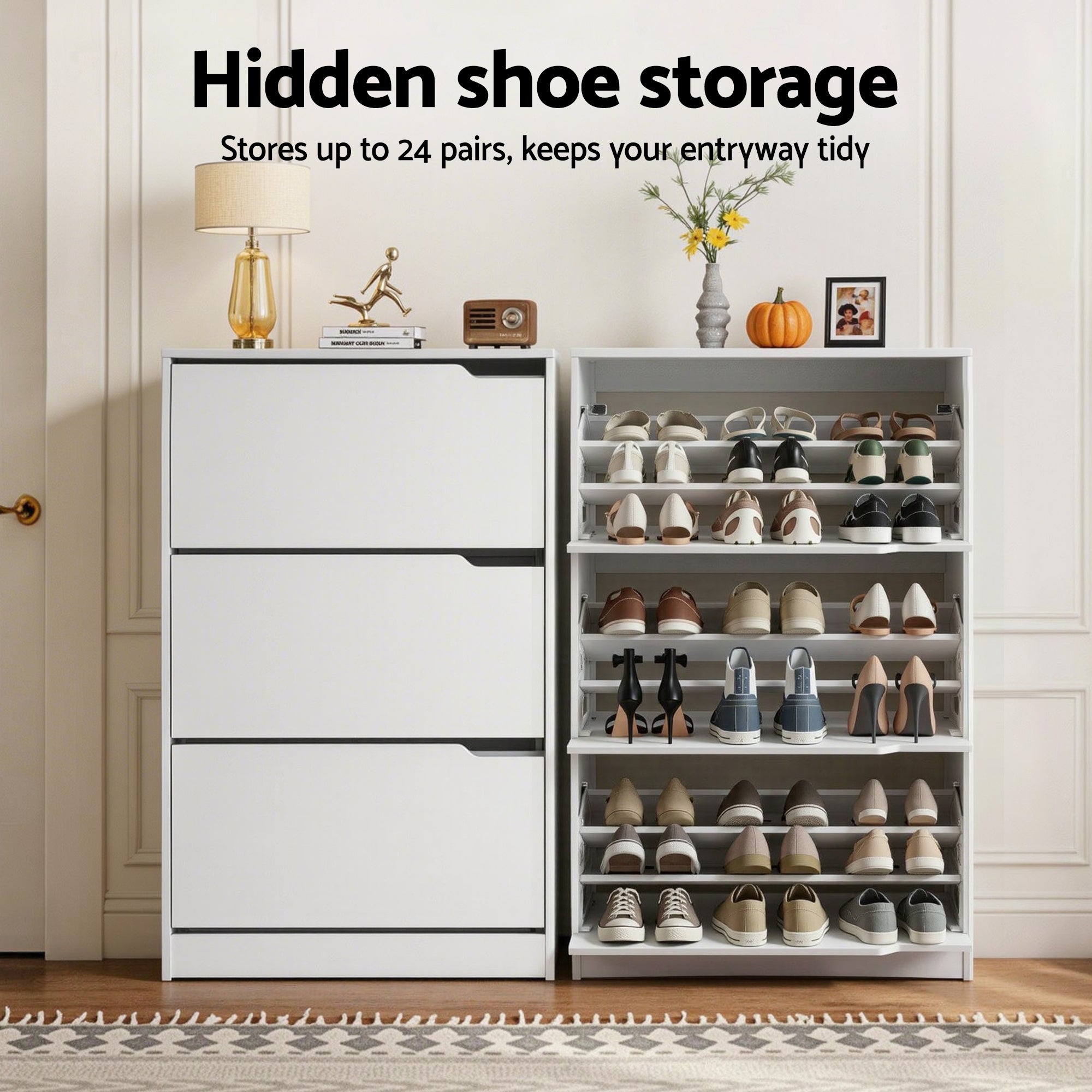 Artiss Shoe Rack Cabinet 24 Pairs Adjustable Shelf White FUR-S-SHOE-3D3-WH-AB