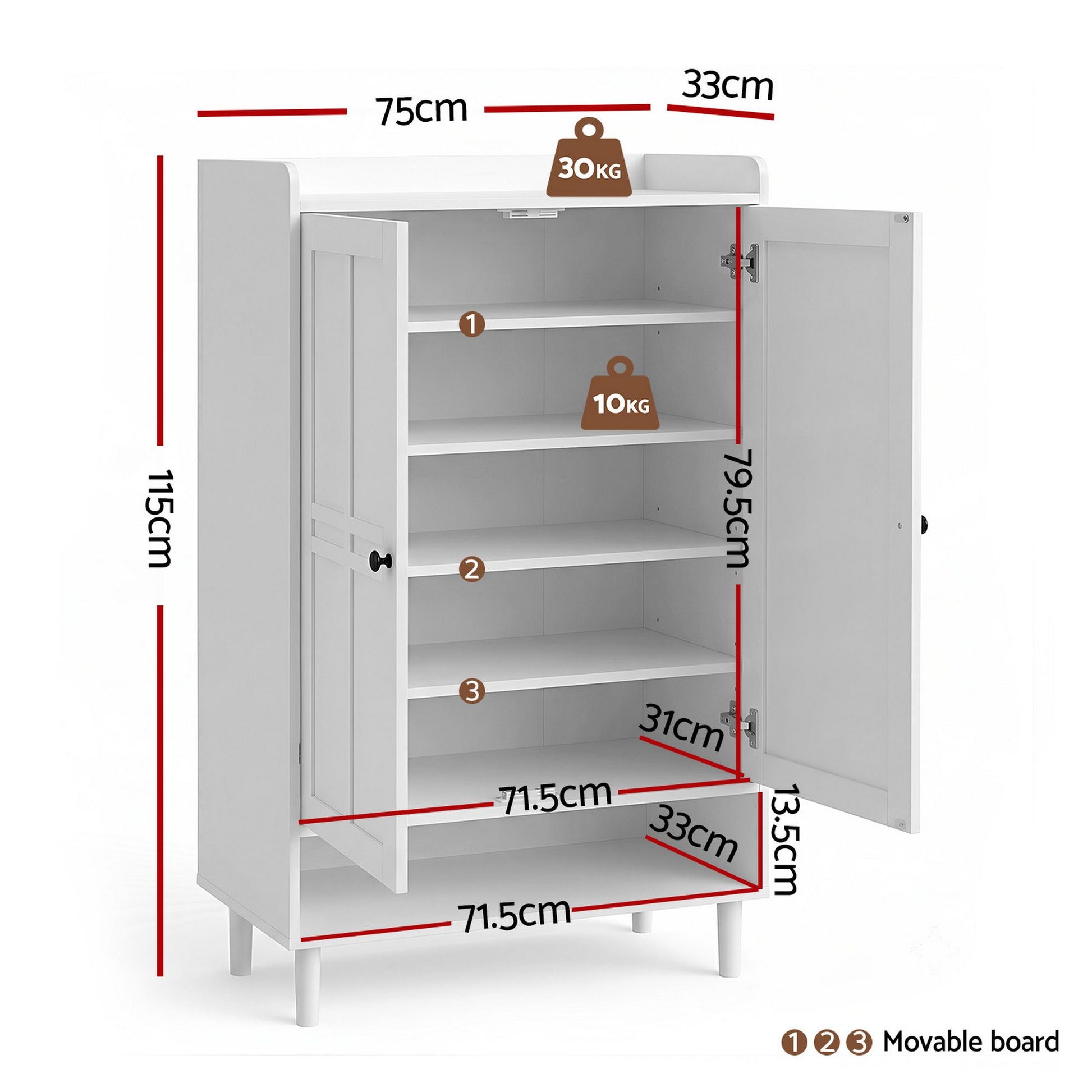 Artiss Shoe Rack Cabinet Storage Cupboard 3 Adjustable Shelves White FUR-S-SHOE-75-WH-AB