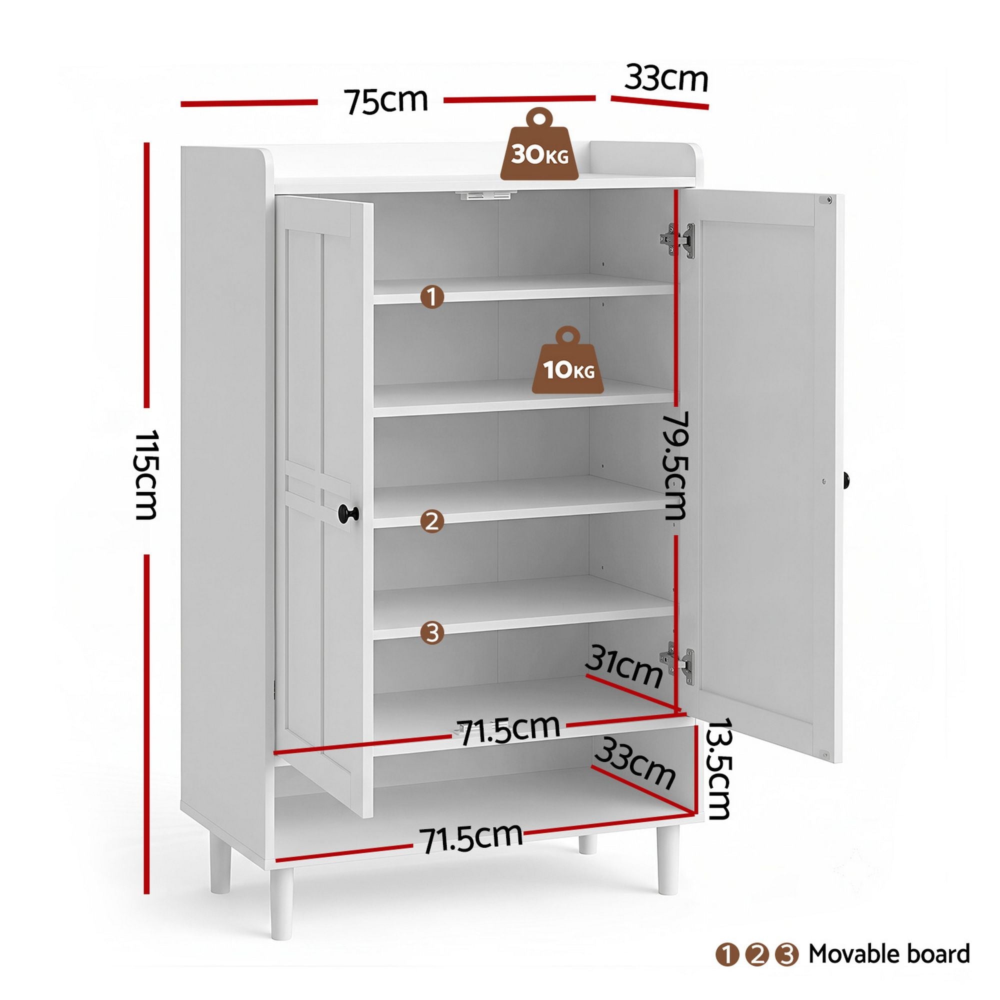 Artiss Shoe Rack Cabinet Storage Cupboard 3 Adjustable Shelves White FUR-S-SHOE-75-WH-AB