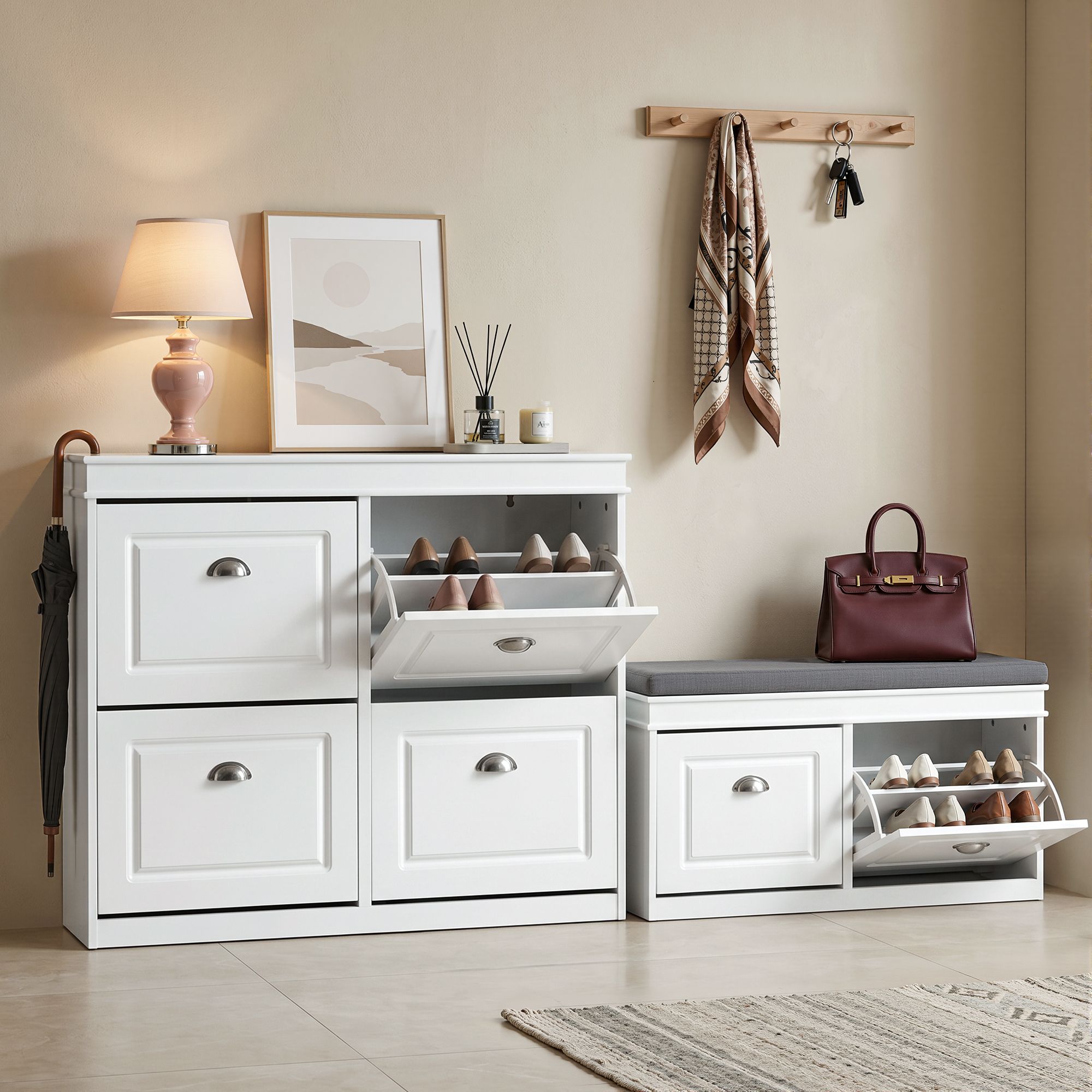 Artiss Shoe Cabinet Bench Set Flip Drawer Hallway Living Room White FUR-S-SHOE-BEN-WH