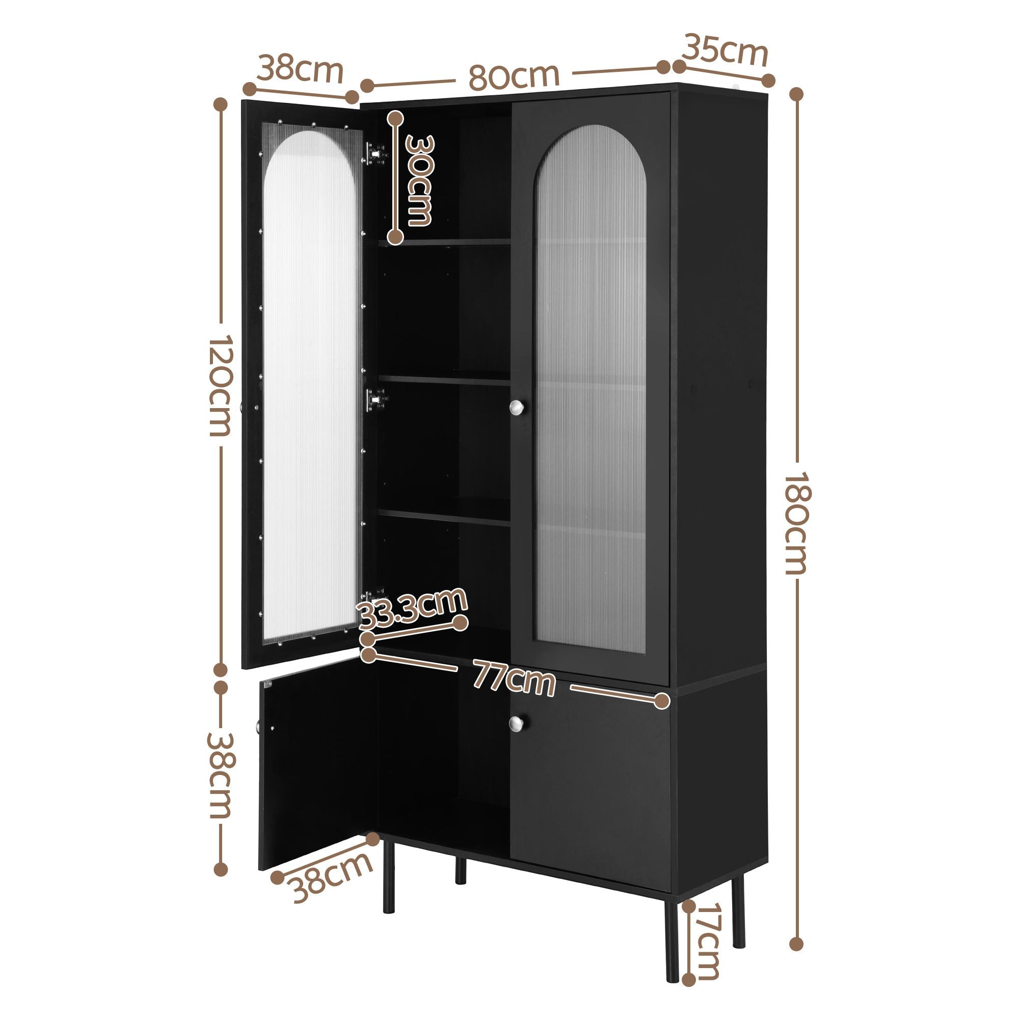 Artiss 2x Buffet Sideboard Cabinet Pantry 5-Tier Storage Cupboard Fluted Black FUR-S-SID-04-BK-ABX2