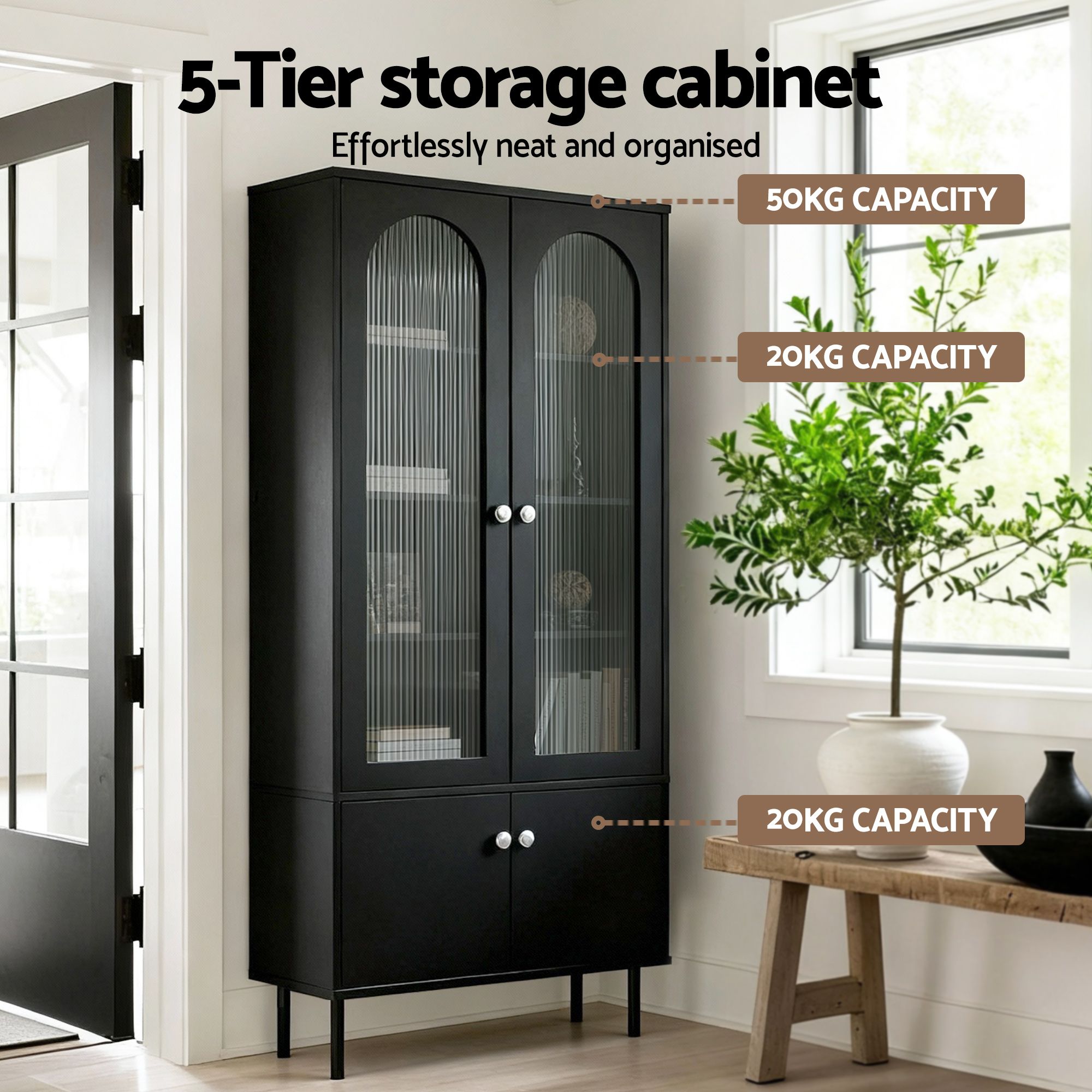Artiss 2x Buffet Sideboard Cabinet Pantry 5-Tier Storage Cupboard Fluted Black FUR-S-SID-04-BK-ABX2