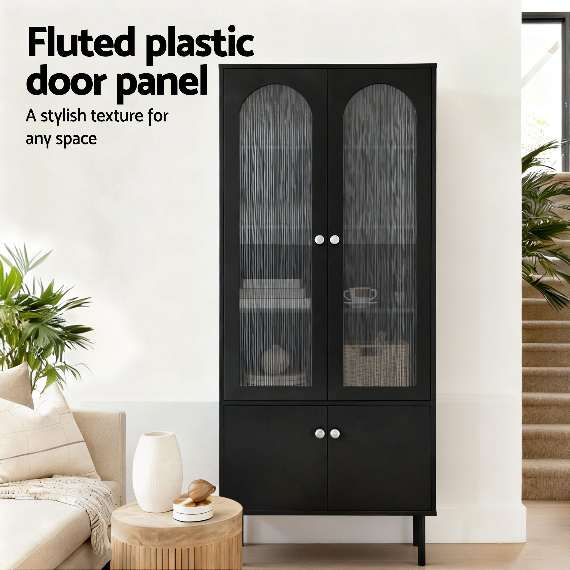 Artiss 2x Buffet Sideboard Cabinet Pantry 5-Tier Storage Cupboard Fluted Black FUR-S-SID-04-BK-ABX2