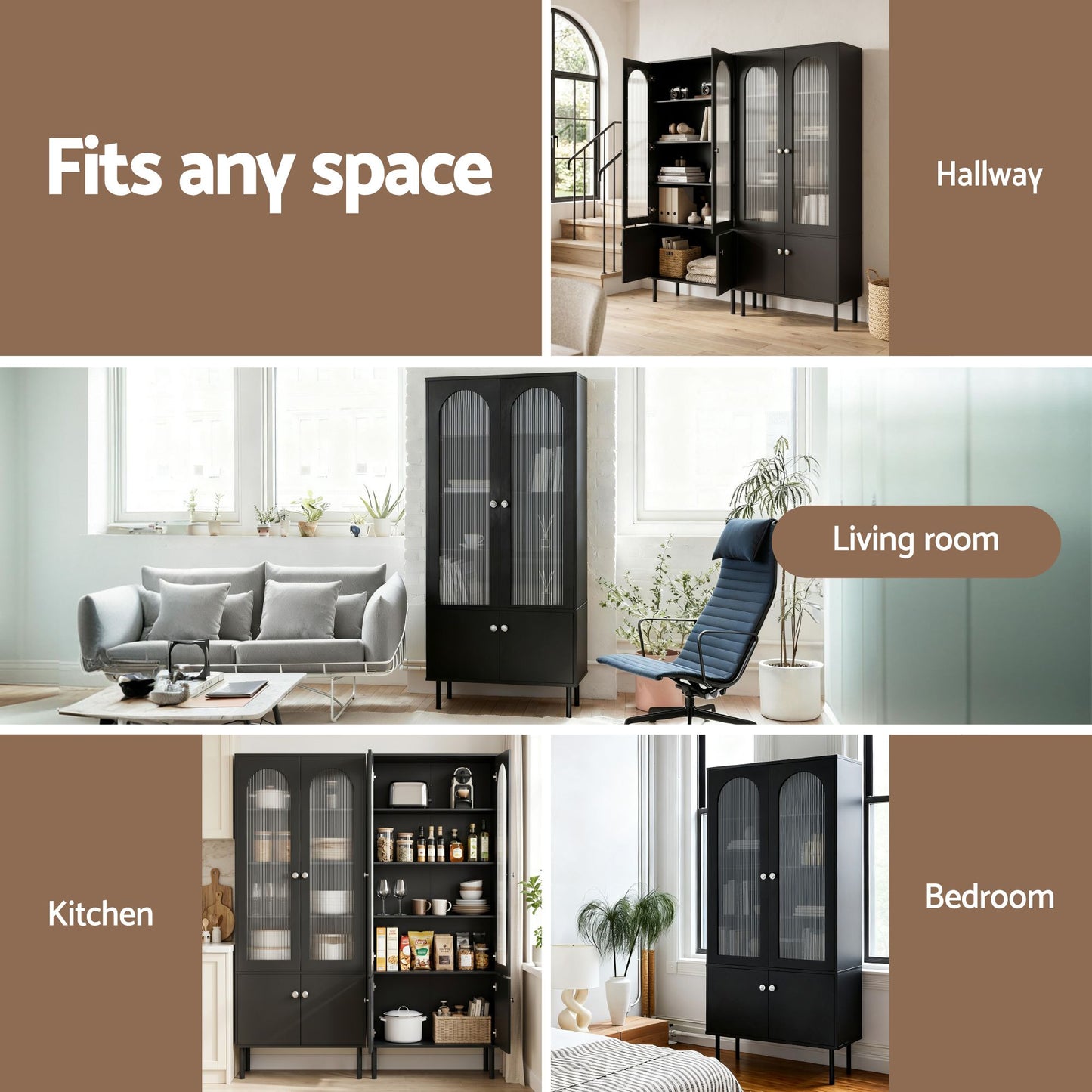 Artiss 2x Buffet Sideboard Cabinet Pantry 5-Tier Storage Cupboard Fluted Black FUR-S-SID-04-BK-ABX2