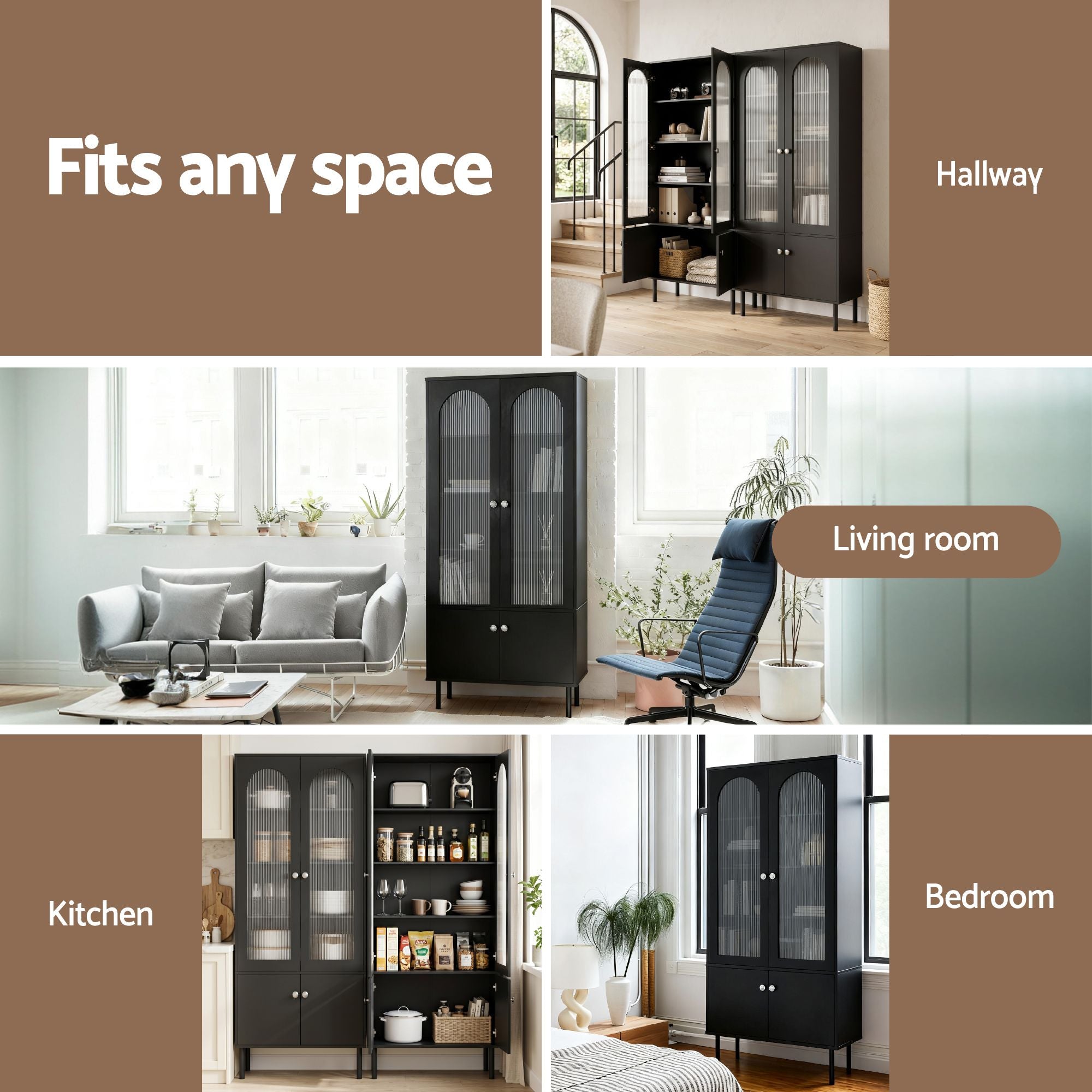 Artiss 2x Buffet Sideboard Cabinet Pantry 5-Tier Storage Cupboard Fluted Black FUR-S-SID-04-BK-ABX2