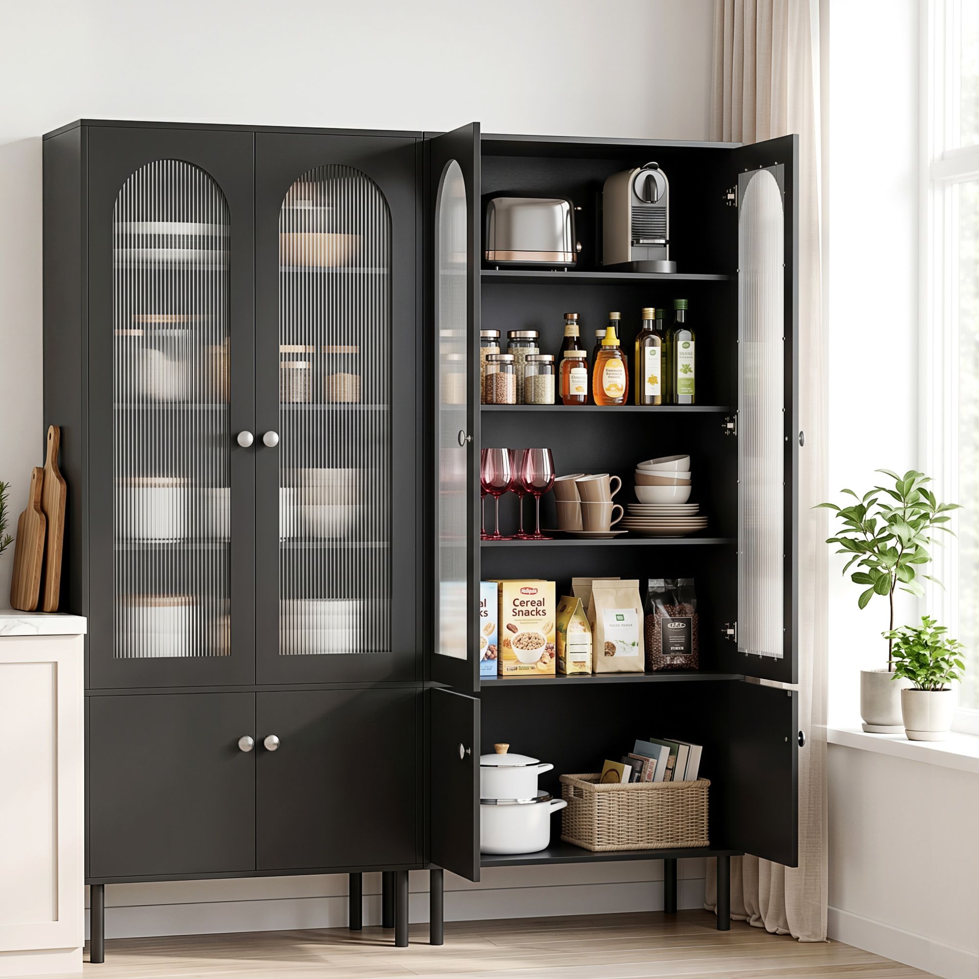 Artiss 2x Buffet Sideboard Cabinet Pantry 5-Tier Storage Cupboard Fluted Black FUR-S-SID-04-BK-ABX2