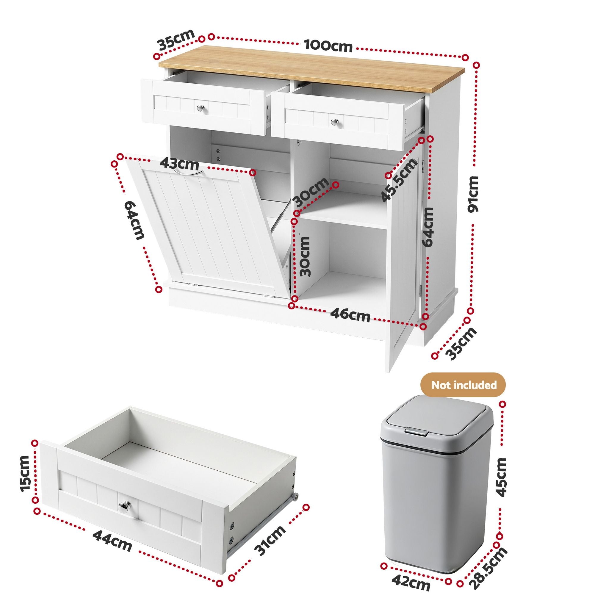 Artiss Buffet Sideboard Cabinet Kitchen Tilt Out Bin Holder Storage Cupboard FUR-S-SID100-BIN-WH