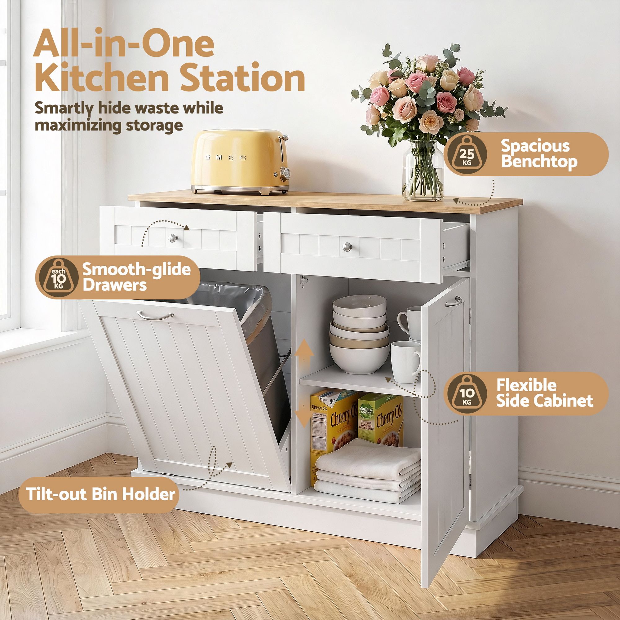 Artiss Buffet Sideboard Cabinet Kitchen Tilt Out Bin Holder Storage Cupboard FUR-S-SID100-BIN-WH