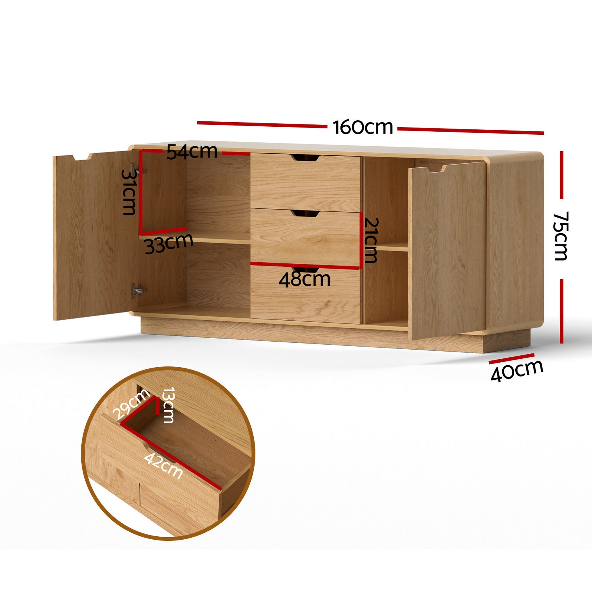 Artiss Buffet Sideboard Cabinet Storage Kitchen Cupboard Drawers Round Edge Oak FUR-S-SID160-RND-WD-ABC