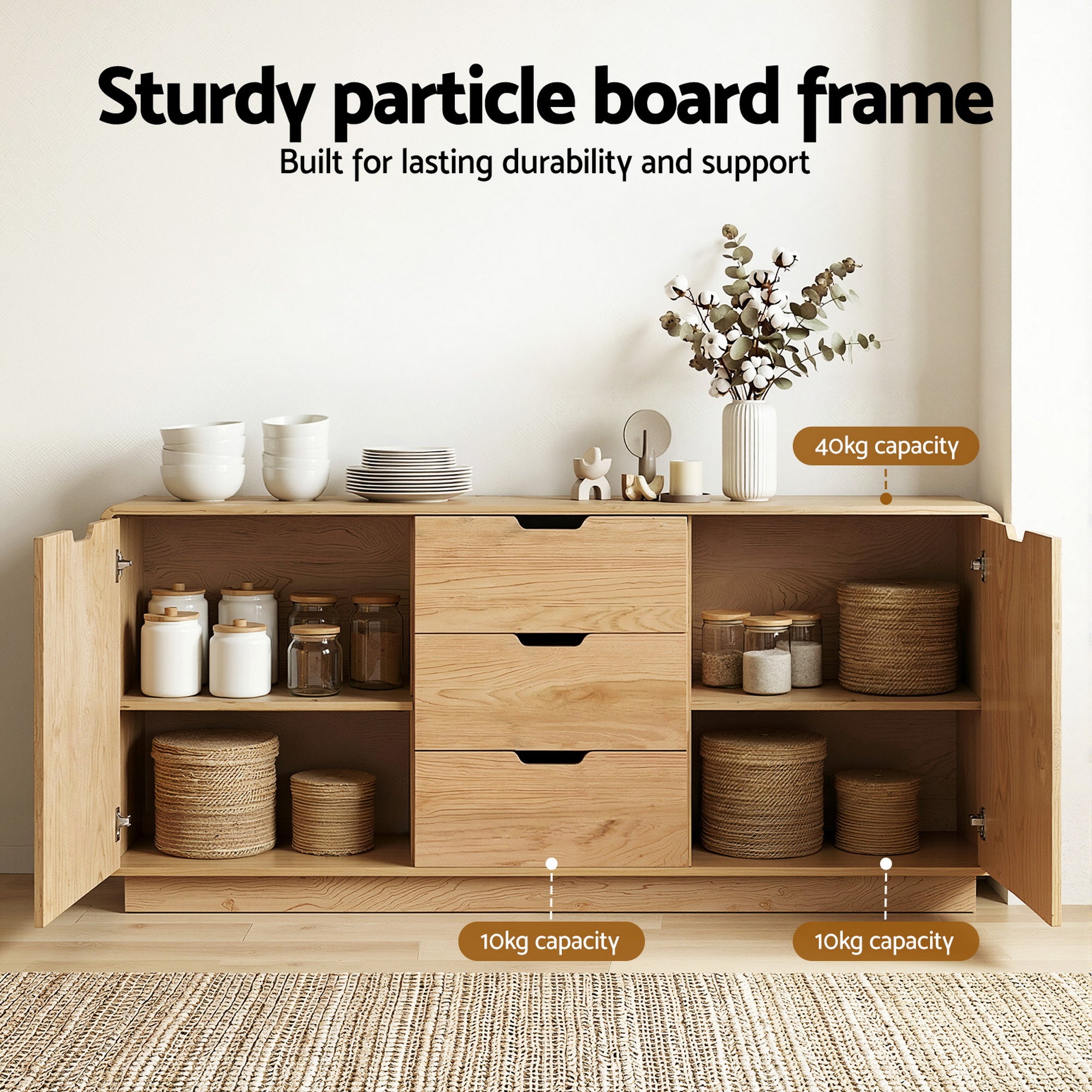 Artiss Buffet Sideboard Cabinet Storage Kitchen Cupboard Drawers Round Edge Oak FUR-S-SID160-RND-WD-ABC