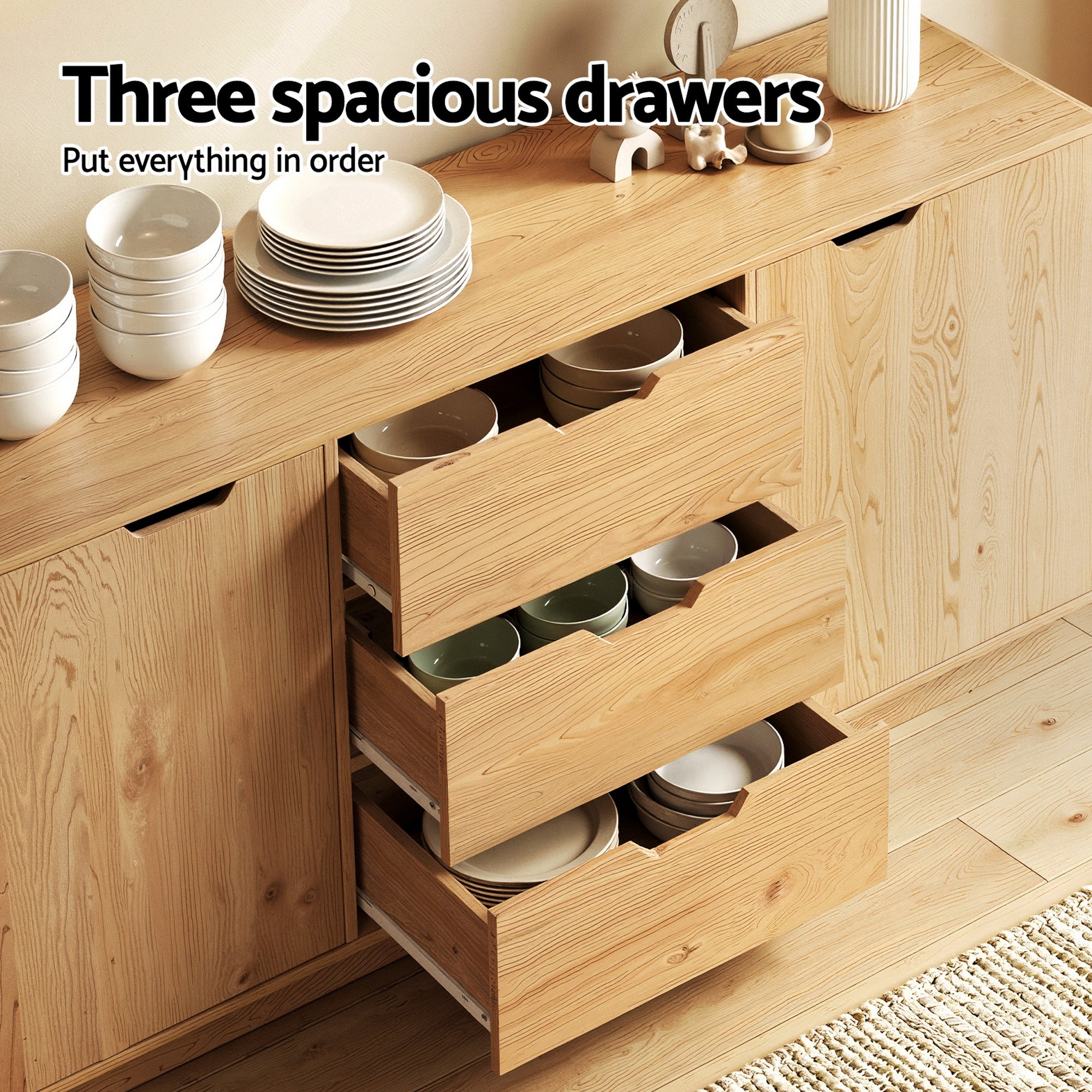 Artiss Buffet Sideboard Cabinet Storage Kitchen Cupboard Drawers Round Edge Oak FUR-S-SID160-RND-WD-ABC