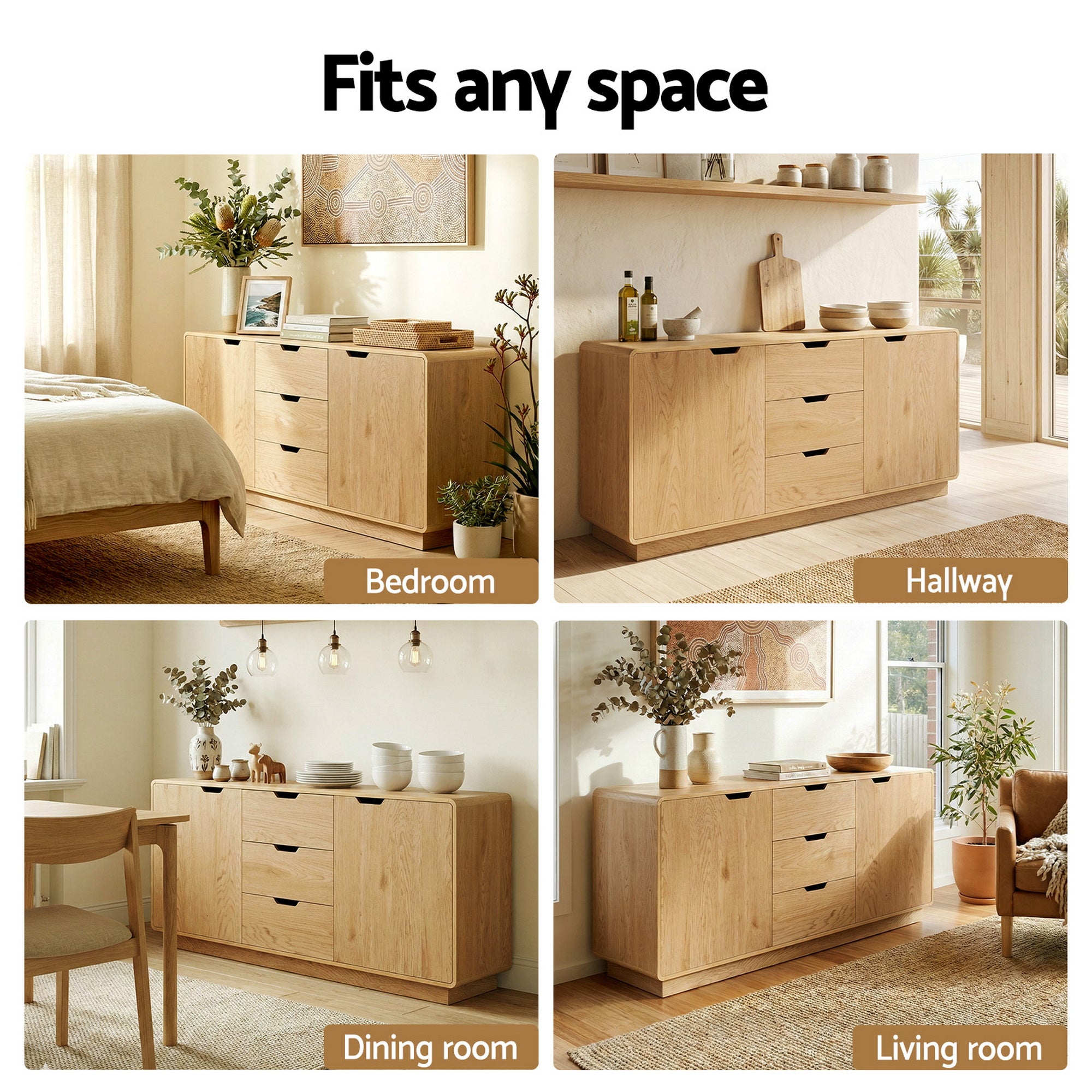 Artiss Buffet Sideboard Cabinet Storage Kitchen Cupboard Drawers Round Edge Oak FUR-S-SID160-RND-WD-ABC