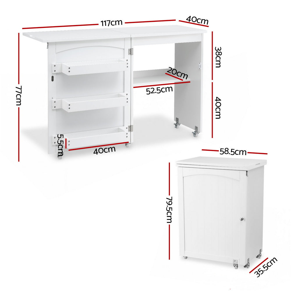 Artiss Folding Sewing Table Sewing Machine Desk Multi-functional Rolling Work Table Craft Station FUR-S-SWT-118-WH