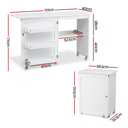 Artiss Folding Sewing Table Sewing Machine Desk Multi-functional Rolling Work Table Craft Station FUR-S-SWT-118-WH