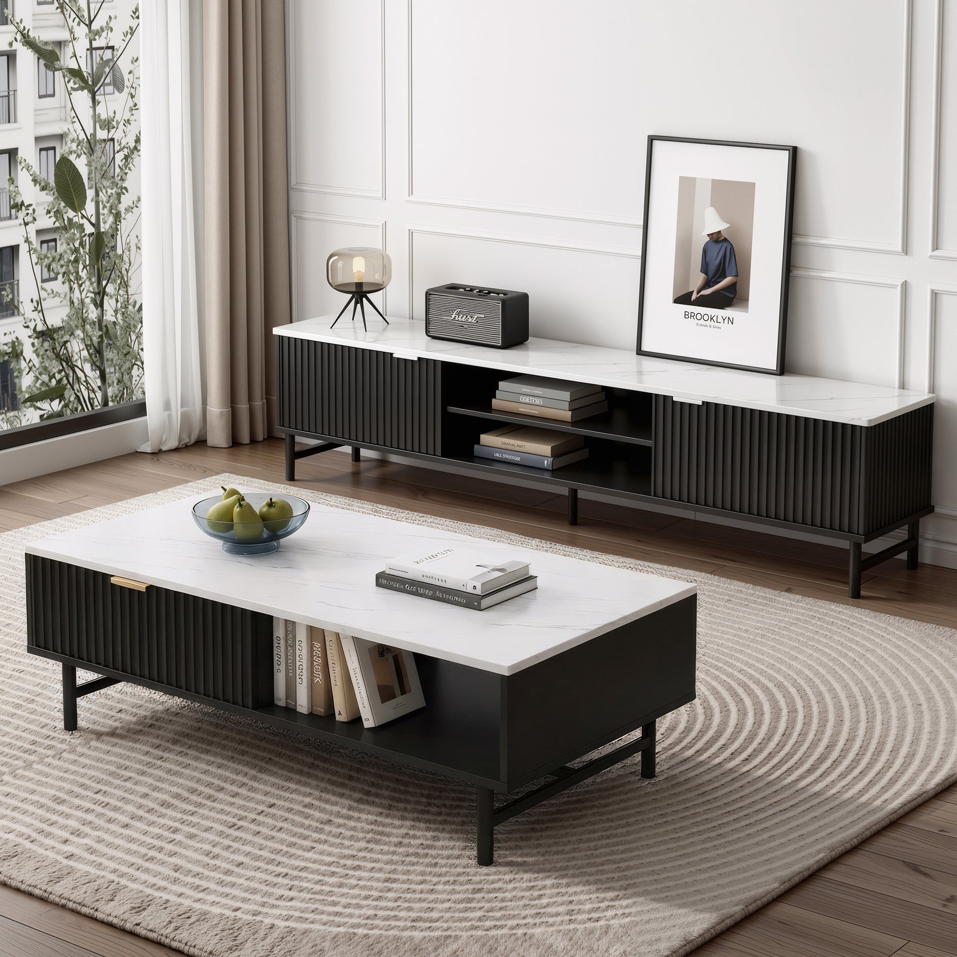 Artiss TV Unit & Coffee Table Set Storage Shelf Black FUR-S-TV-COF-WHBK