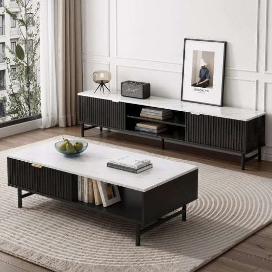 Artiss TV Unit & Coffee Table Set Storage Shelf Black FUR-S-TV-COF-WHBK