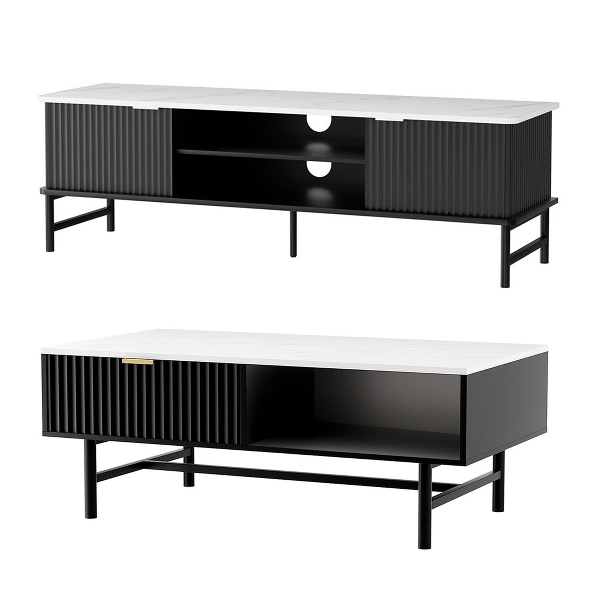 Artiss TV Unit & Coffee Table Set Storage Shelf Black FUR-S-TV-COF-WHBK
