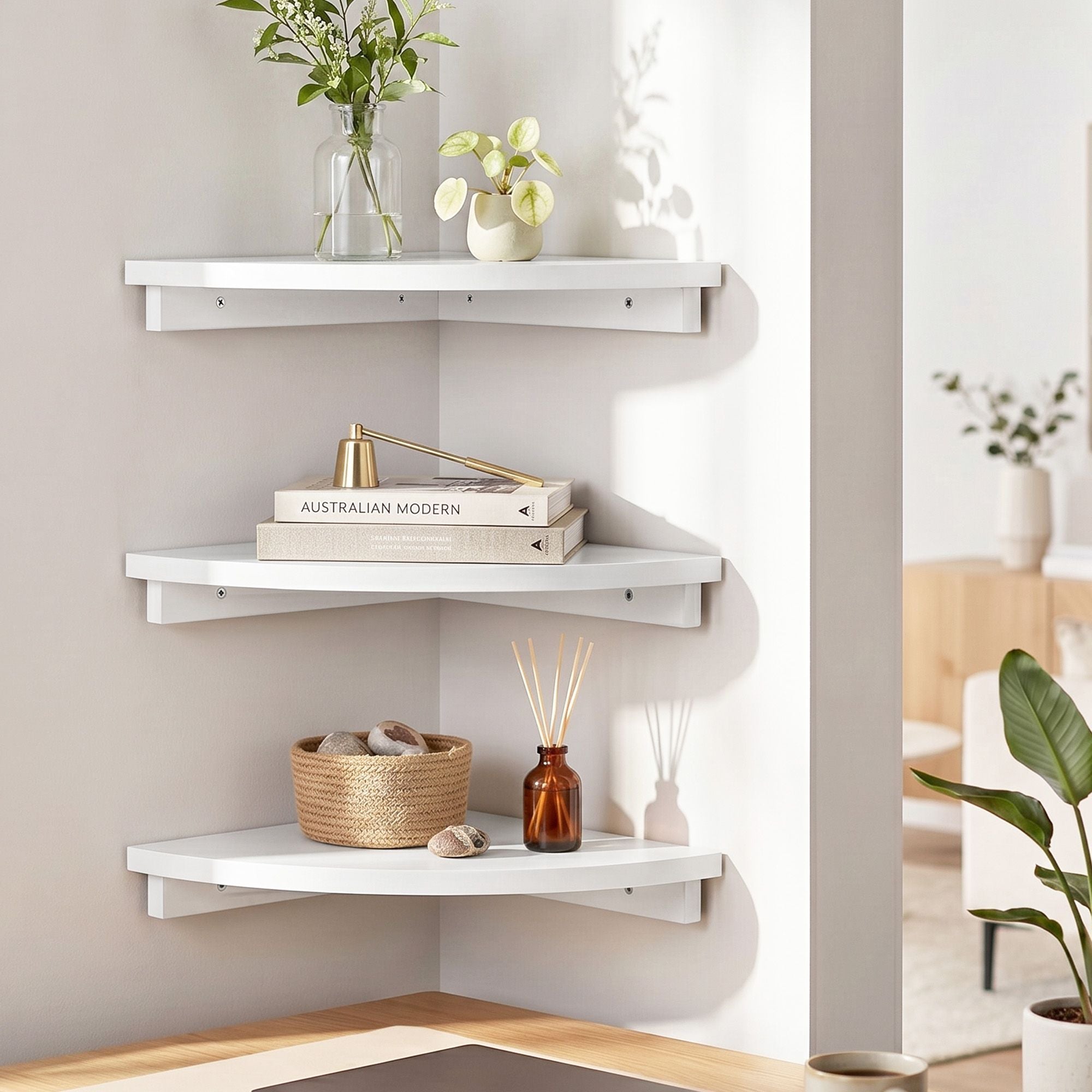 Artiss 3pc Corner Floating Wall Shelf Wall Mounted Display Rack Round Edge White FUR-S-WALL-COR-WHX3