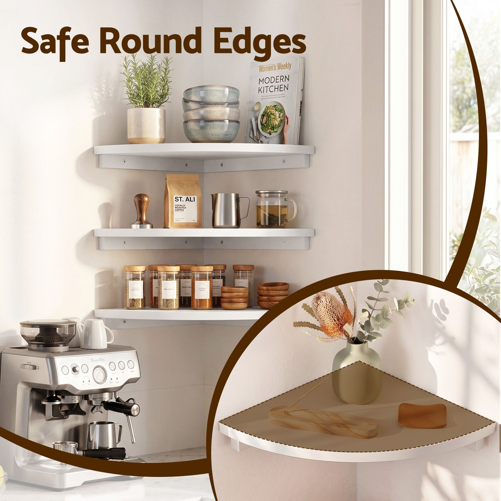 Artiss 3pc Corner Floating Wall Shelf Wall Mounted Display Rack Round Edge White FUR-S-WALL-COR-WHX3