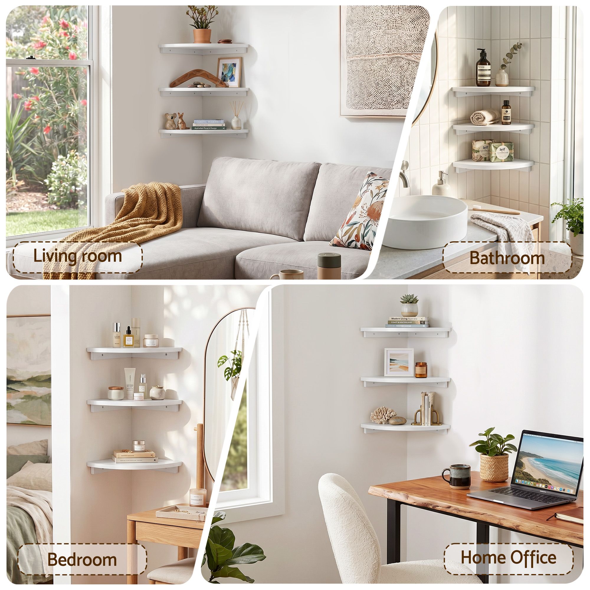 Artiss 3pc Corner Floating Wall Shelf Wall Mounted Display Rack Round Edge White FUR-S-WALL-COR-WHX3