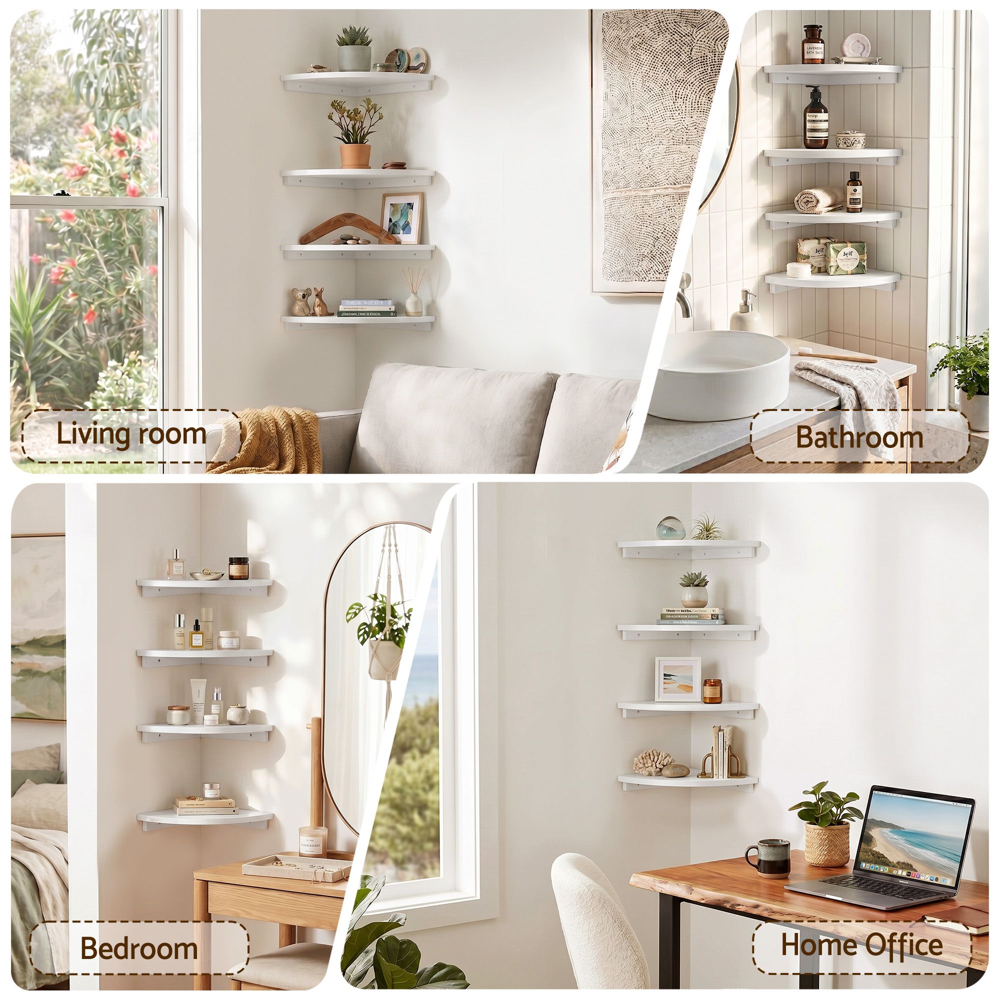 Artiss 4pc Corner Floating Wall Shelf Wall Mounted Display Rack Round Edge White FUR-S-WALL-COR-WHX4