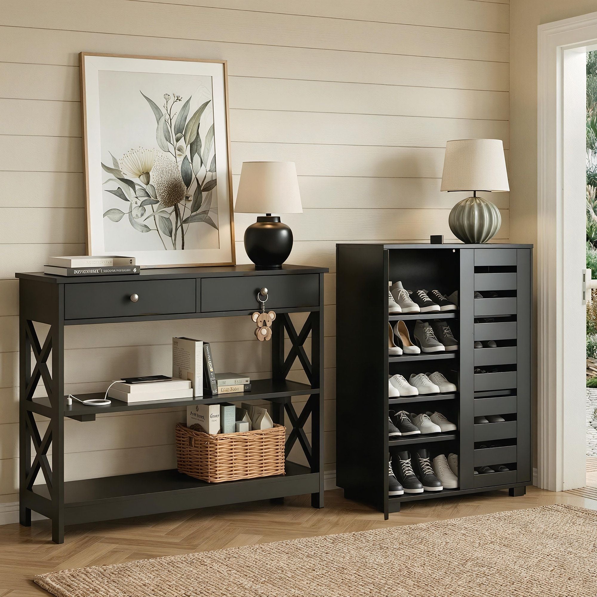 Artiss Shoe Rack Cabinet & Console Table Set Storage Shelf Black FUR-SHOE01-CST-BK