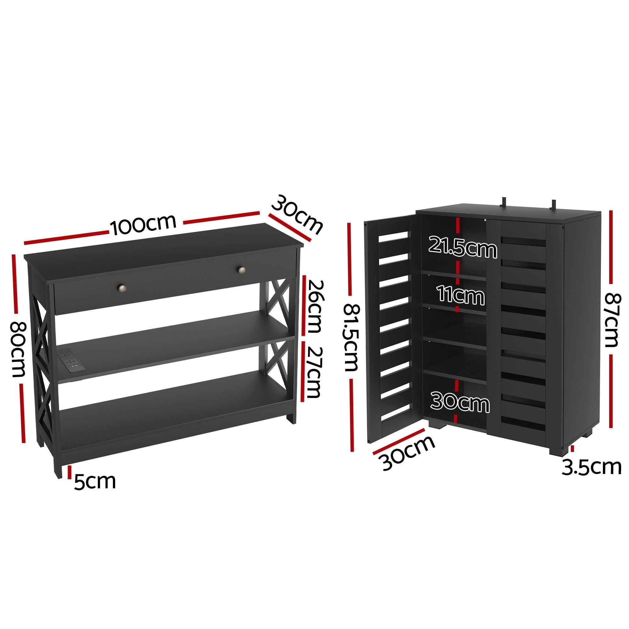 Artiss Shoe Rack Cabinet & Console Table Set Storage Shelf Black FUR-SHOE01-CST-BK