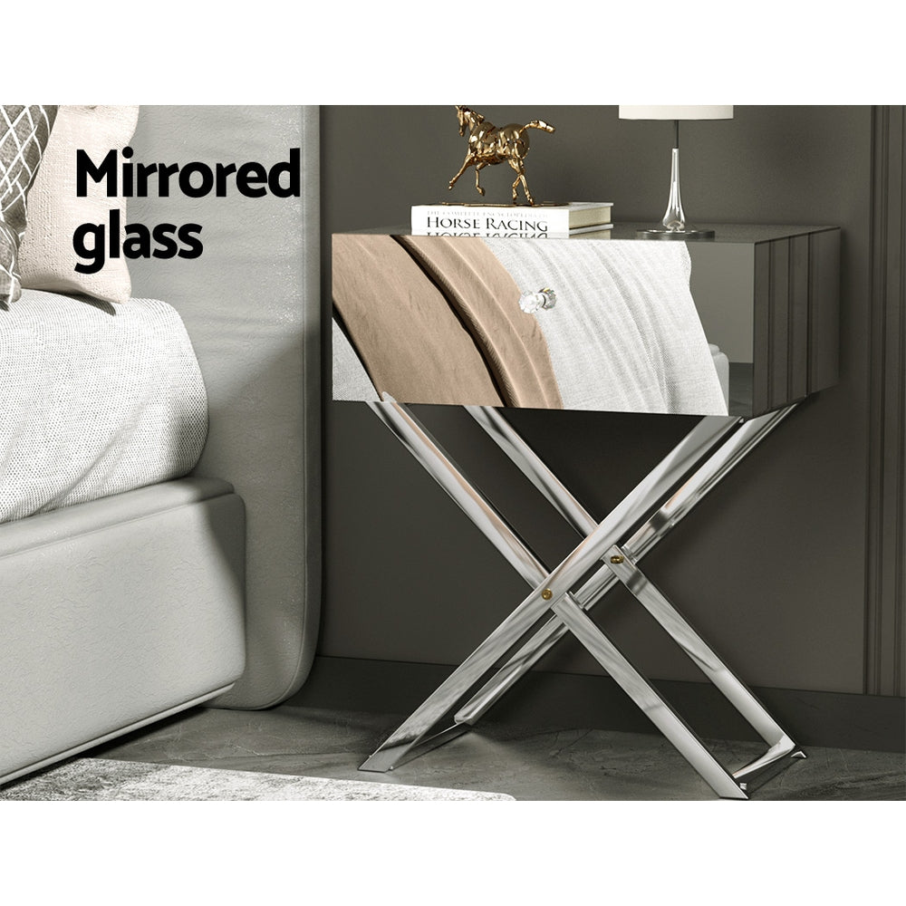 Artiss Mirrored Bedside Table Drawers Side Table Storage Nightstand Silver MOCO FUR-T-BS-MR-01-SR
