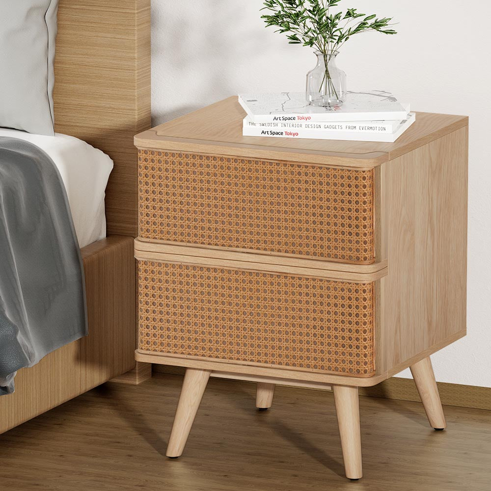 Artiss Rattan Bedside Table Drawers Side End Table Storage Nightstand Oak NORA FUR-T-BS-RAT-01-WD