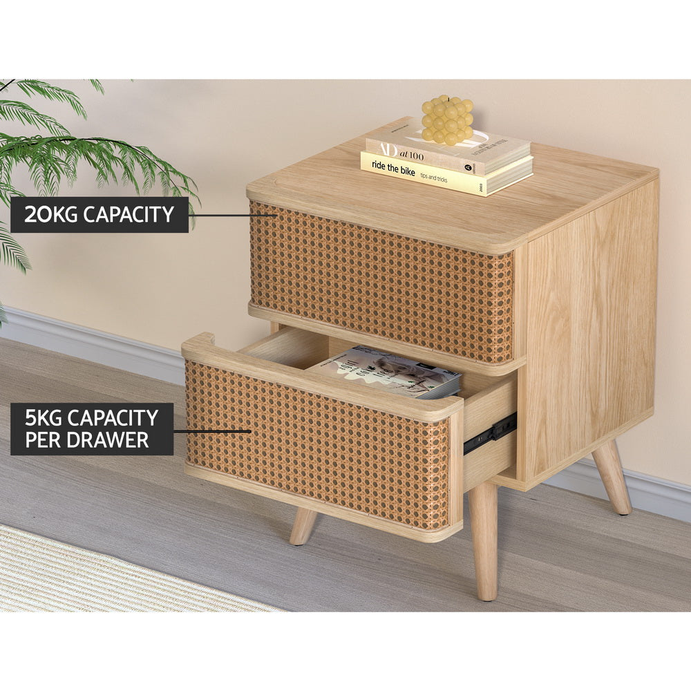Artiss Rattan Bedside Table Drawers Side End Table Storage Nightstand Oak NORA FUR-T-BS-RAT-01-WD