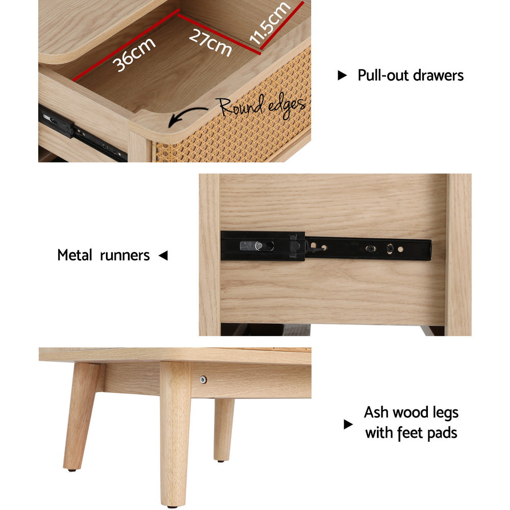 Artiss Rattan Bedside Table Drawers Side End Table Storage Nightstand Oak NORA FUR-T-BS-RAT-01-WD